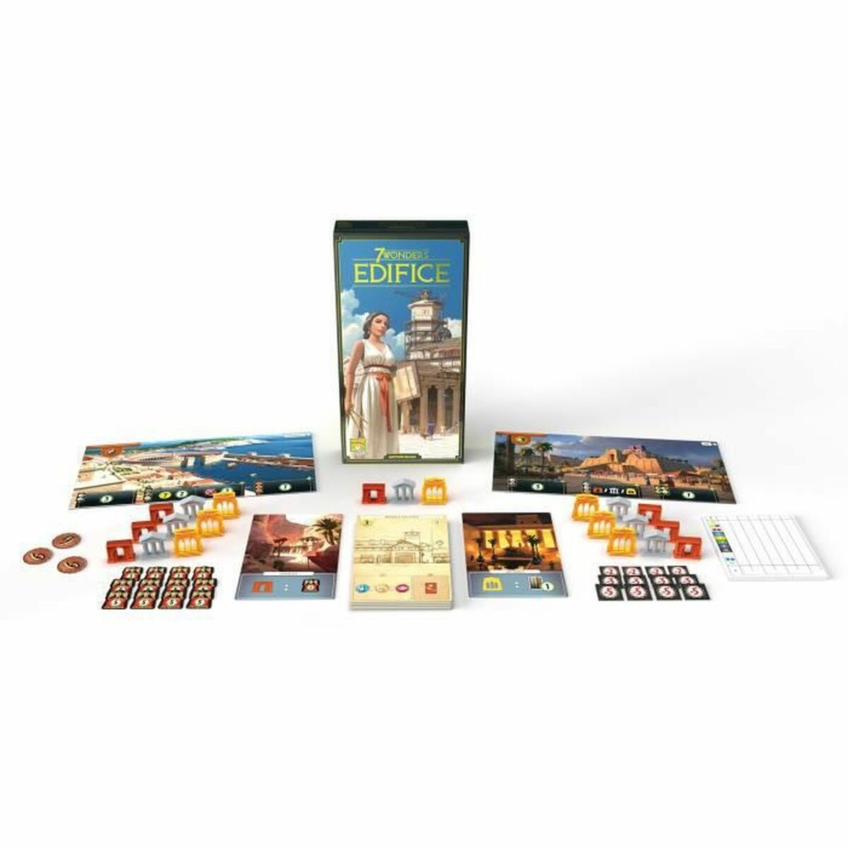 Un juego de mesa sobre fondo blanco. La caja del juego está en el centro, y las cartas y fichas están dispuestas alrededor.