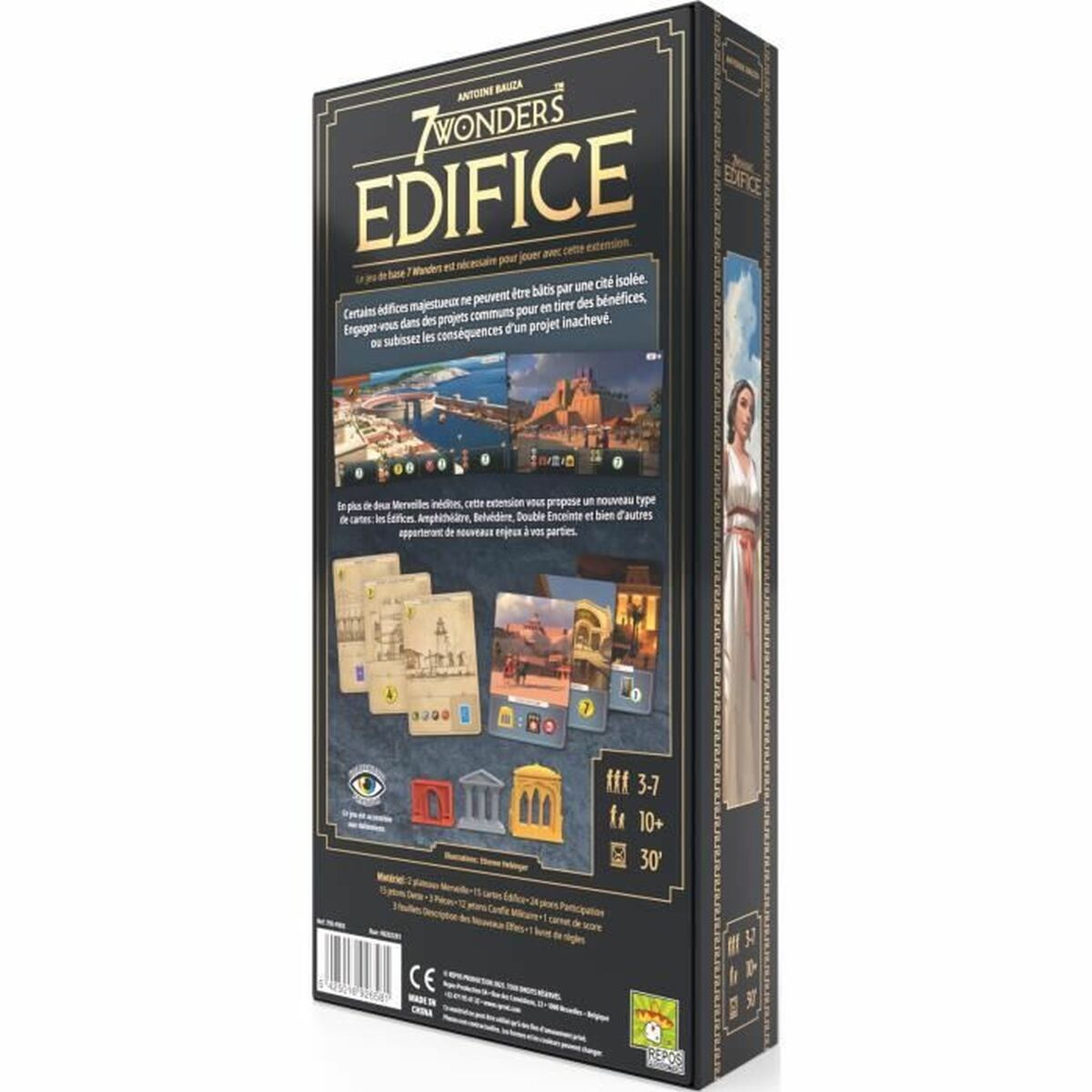 Caja del juego 7 Wonders Edifice. Presenta detalles del juego, ilustraciones de cartas e información de edad/jugadores.