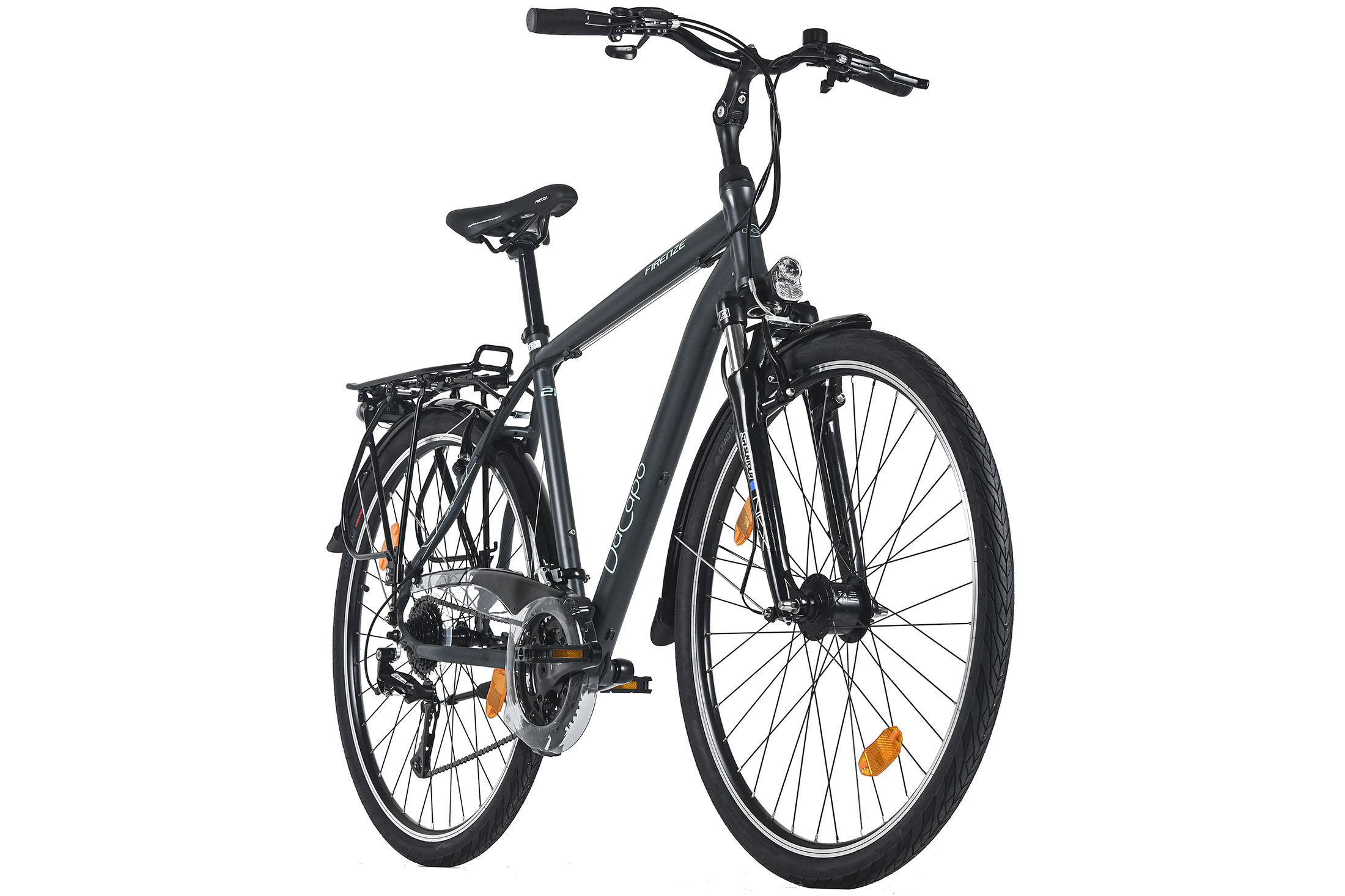 Ein dunkelgraues Fahrrad auf weißem Hintergrund. Es hat schwarze Reifen, Sattel und Lenker. Reflektoren sind an den Rädern sichtbar.