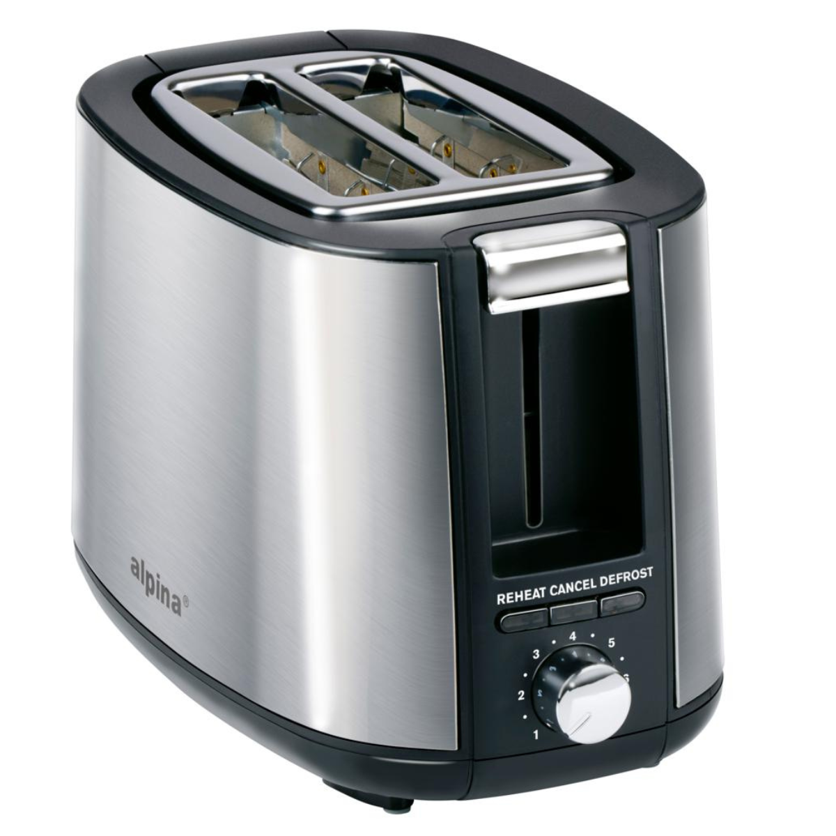 Ein silberner und schwarzer Alpina-Toaster auf weißem Hintergrund. Er hat zwei Schlitze, ein Zifferblatt und Tasten für Aufwärmen, Abbrechen und Auftauen.