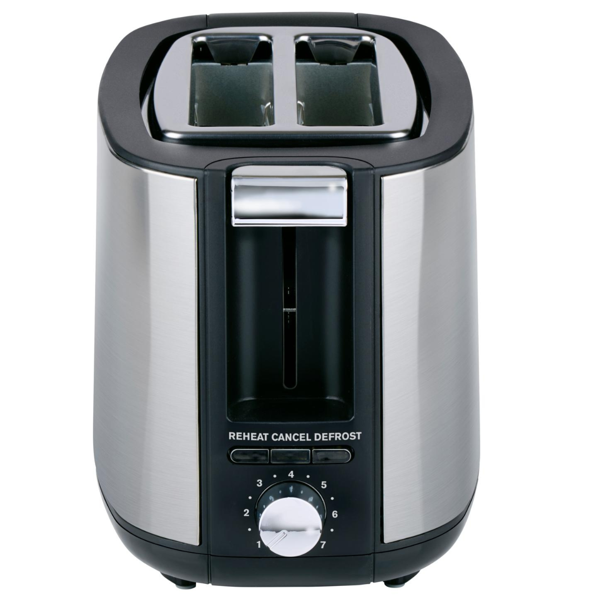 Ein Toaster aus Edelstahl mit zwei Schlitzen. Er hat einen schwarzen Sockel und ein Bedienfeld mit Drehregler und Tasten für Aufwärmen, Abbrechen und Auftauen.