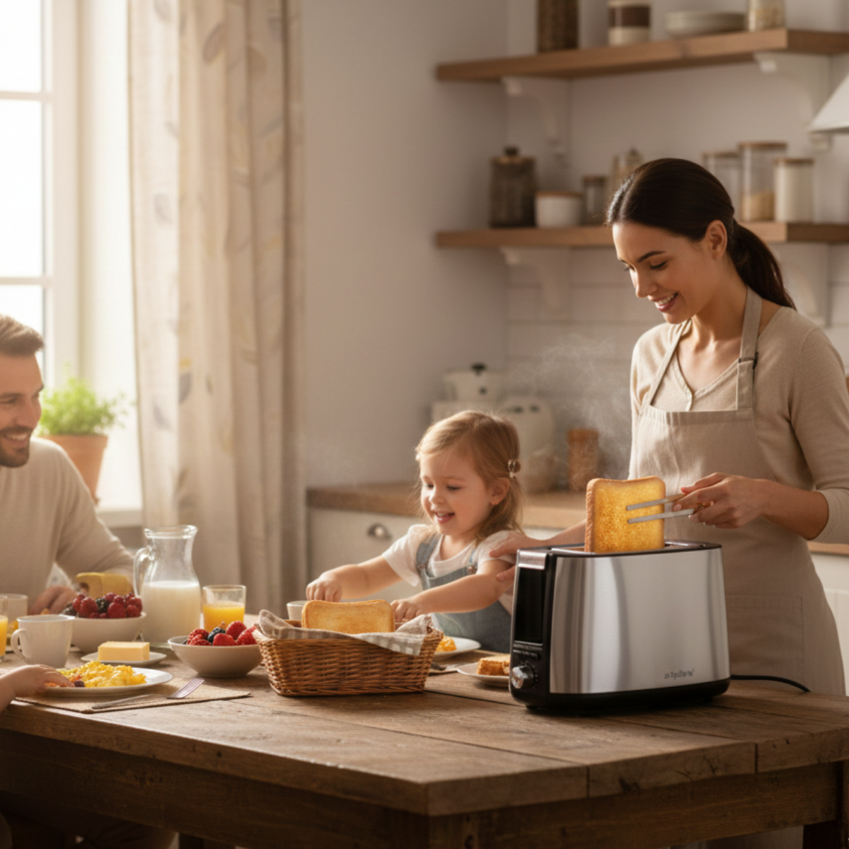 Eine Familie frühstückt. Eine Frau nimmt Toast aus einem Toaster. Ein Mädchen und ein Mann sitzen am Tisch.