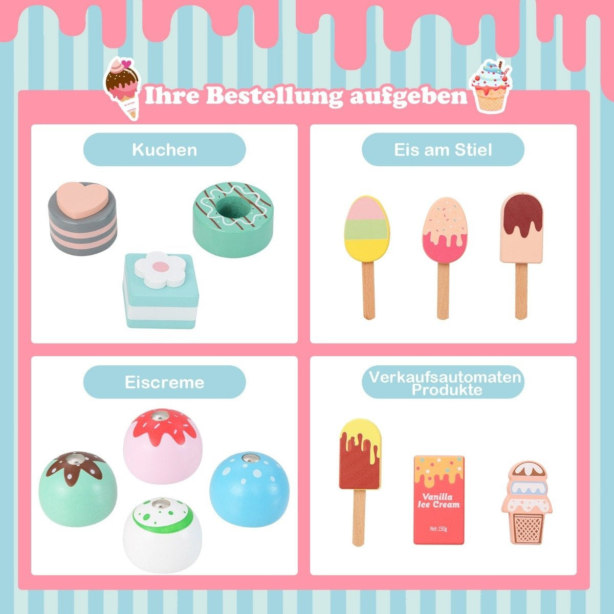 Juguetes de madera de helados y pasteles sobre fondo rosa. Incluye helados en palitos, pasteles y bolas de helado.