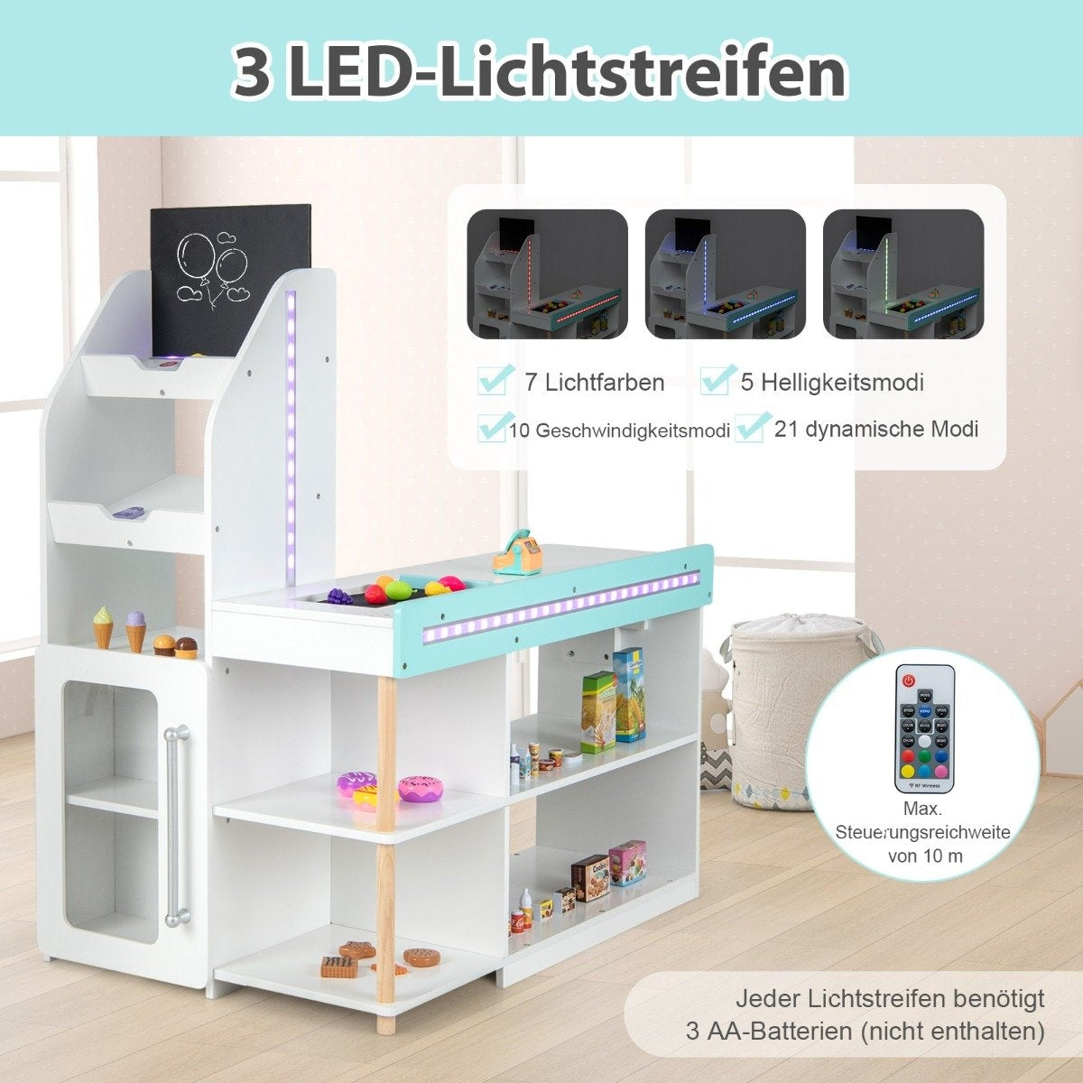 Una cocina de juguete blanca con luces LED, estantes y comida de juguete. Incluye un mando a distancia y texto sobre modos de luz y pilas.
