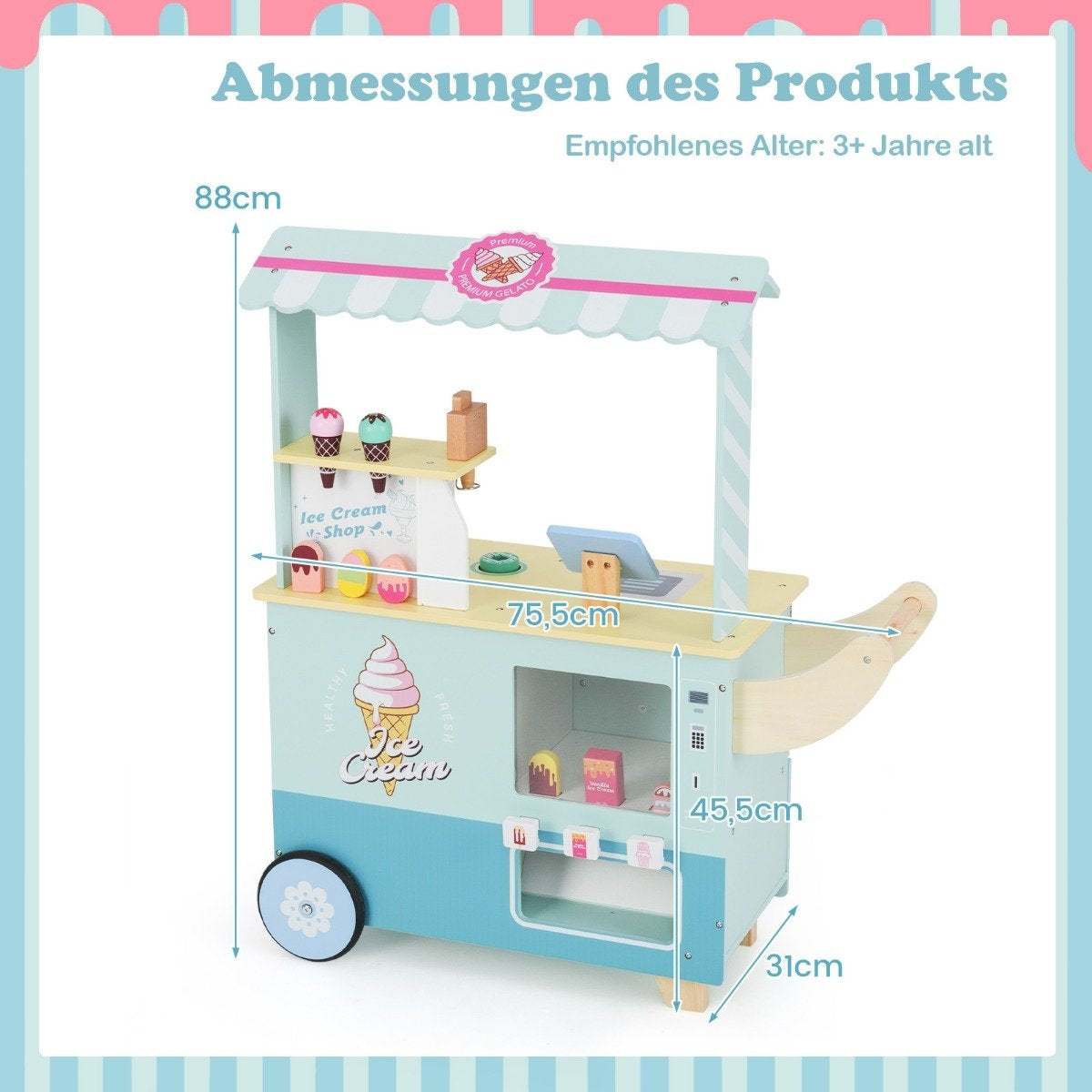 Carro de helados de juguete de madera con dimensiones etiquetadas. Presenta helados, una caja registradora y un letrero que dice Ice Cream Shop.