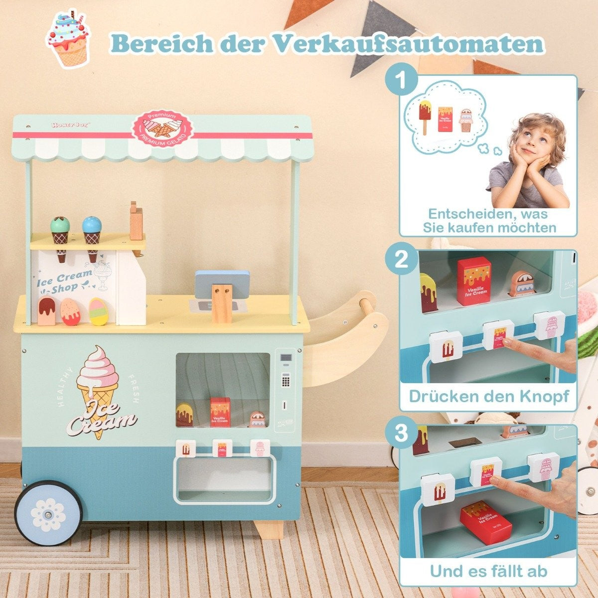 Una heladería de juguete con colores azul y menta. Tiene conos de helado, una caja registradora y un niño pequeño en la esquina.
