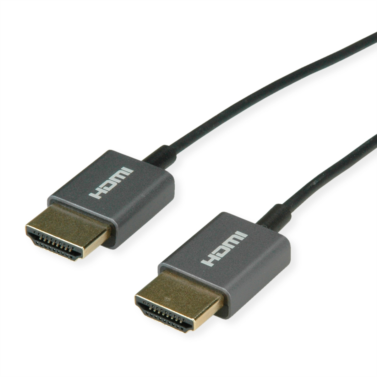 Twee HDMI-kabels met grijze connectoren en goudkleurige poorten op een witte achtergrond. Elke connector heeft 'HDMI' erop.