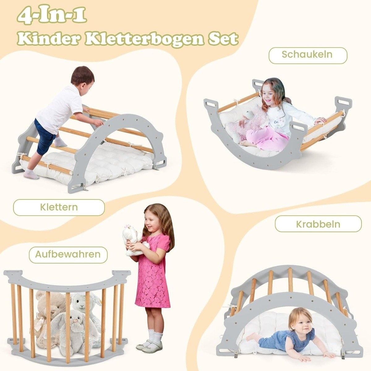Niños jugando en un juego de arco de escalada 4 en 1. Incluye opciones de escalada, balanceo, gateo y almacenamiento. Se muestran varios niños.