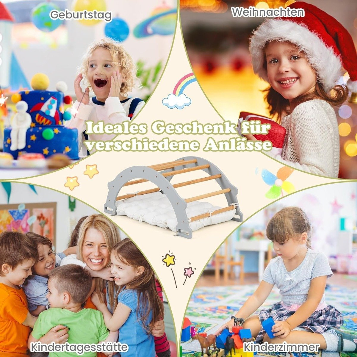 Imagen promocional con niños celebrando. Incluye texto y un juguete de arco de escalada, con imágenes para cumpleaños y Navidad.