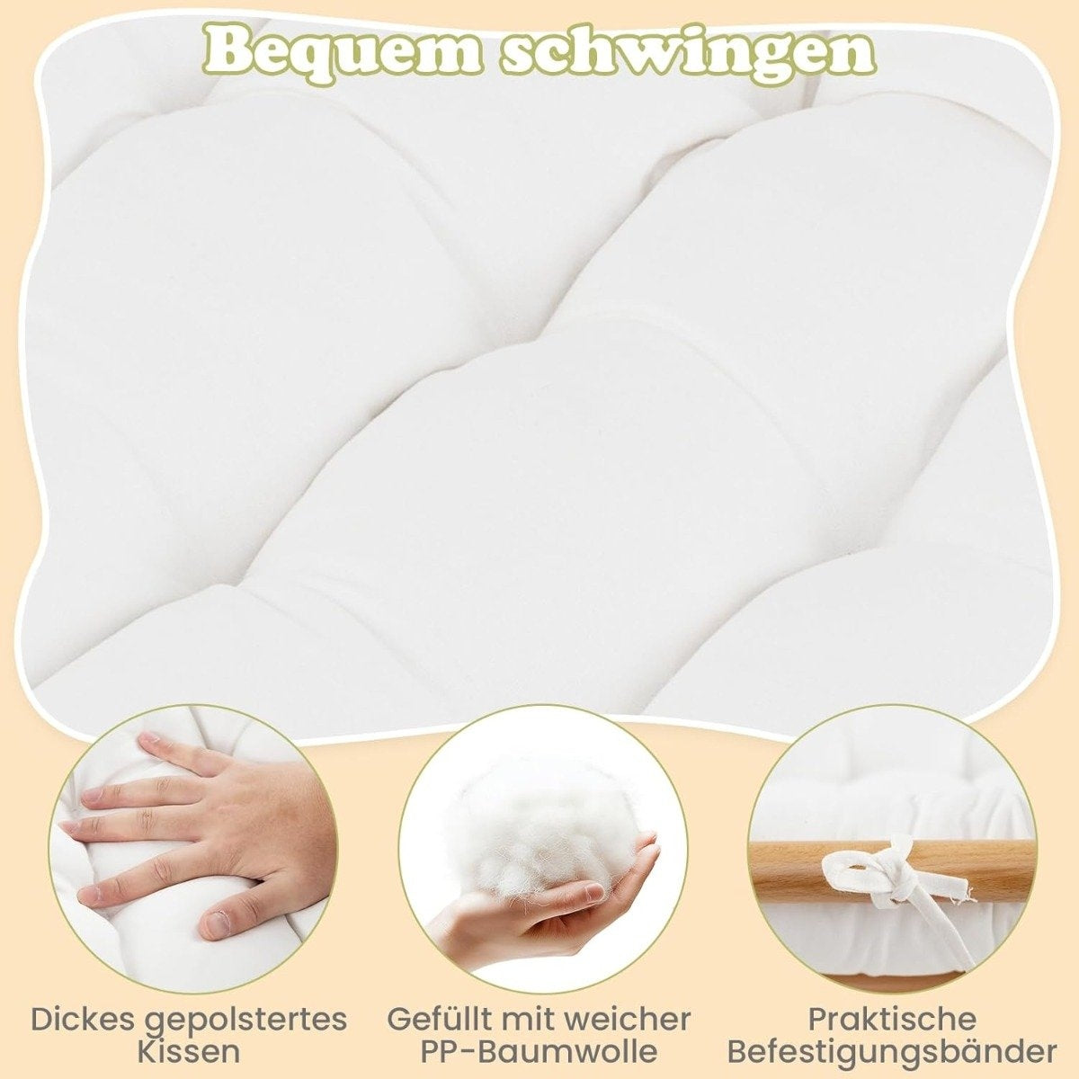 Superficie acolchada blanca. Texto dice, "Bequem schwingen". Abajo, mano sobre cojín, bola de algodón y detalle de lazo con leyendas.