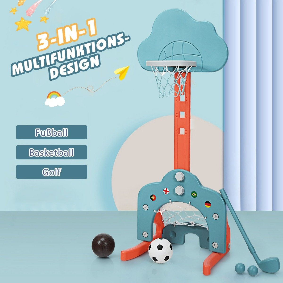 Juguete deportivo 3 en 1: aro de baloncesto, red de fútbol y juego de golf. Incluye pelotas, palo. Azul, naranja y blanco. Texto: Multifunktions-Design.