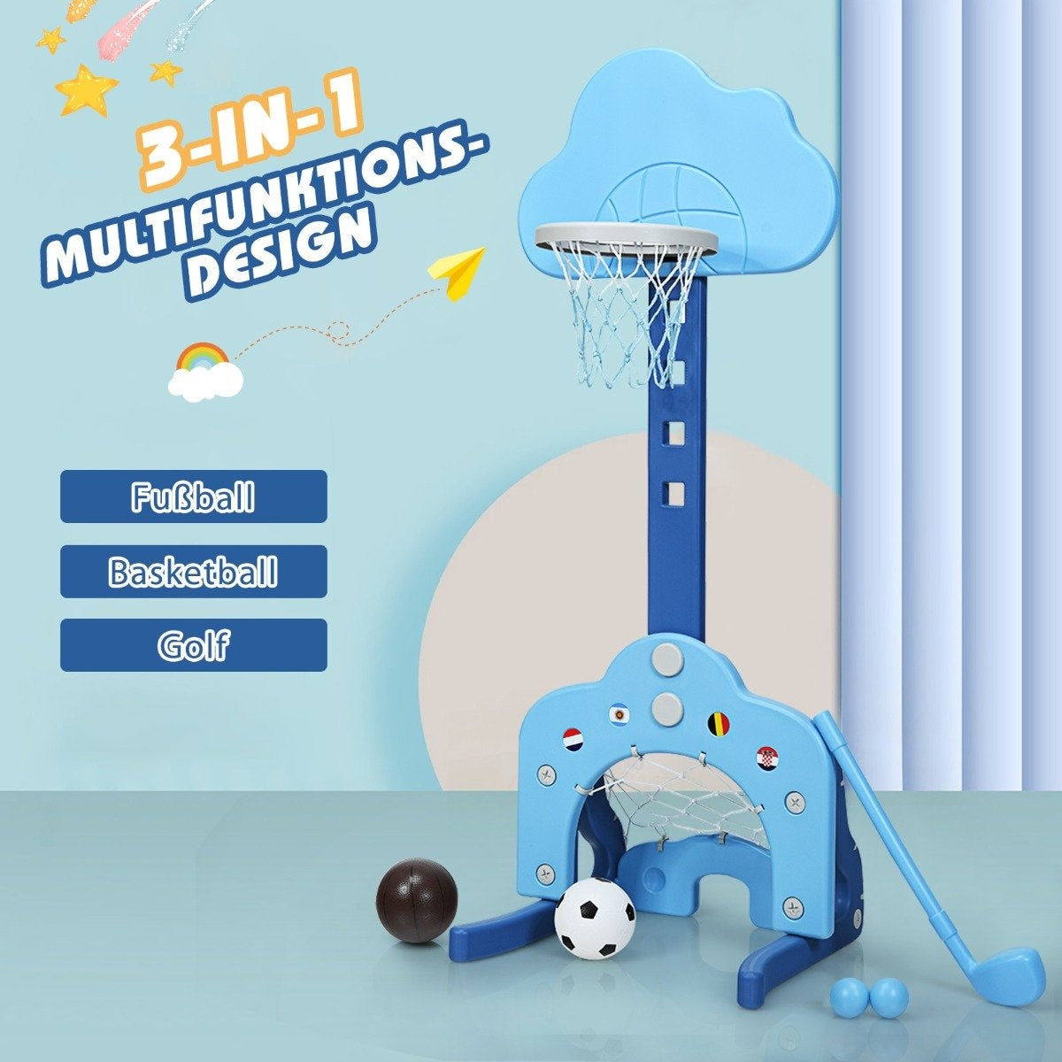 Un juego deportivo azul 3 en 1 con aro de baloncesto, balón de fútbol, palo de golf y pelotas. Texto: Fútbol, Baloncesto, Golf.
