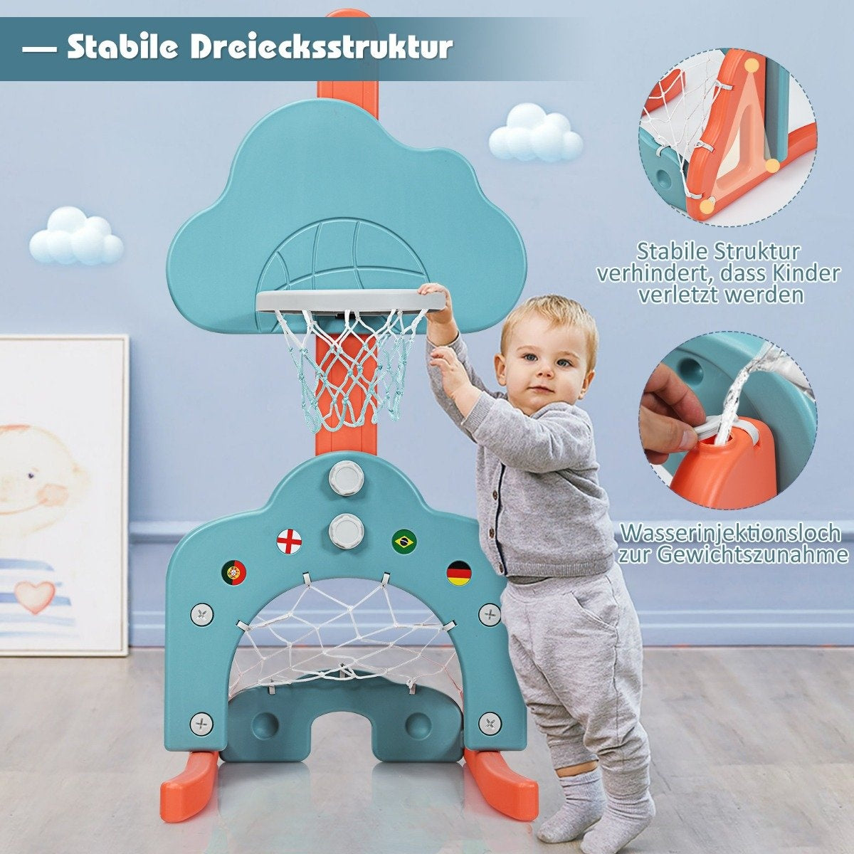 Un niño pequeño juega con un aro de baloncesto azul y naranja. El aro tiene banderas y una red. El fondo es una pared azul claro.