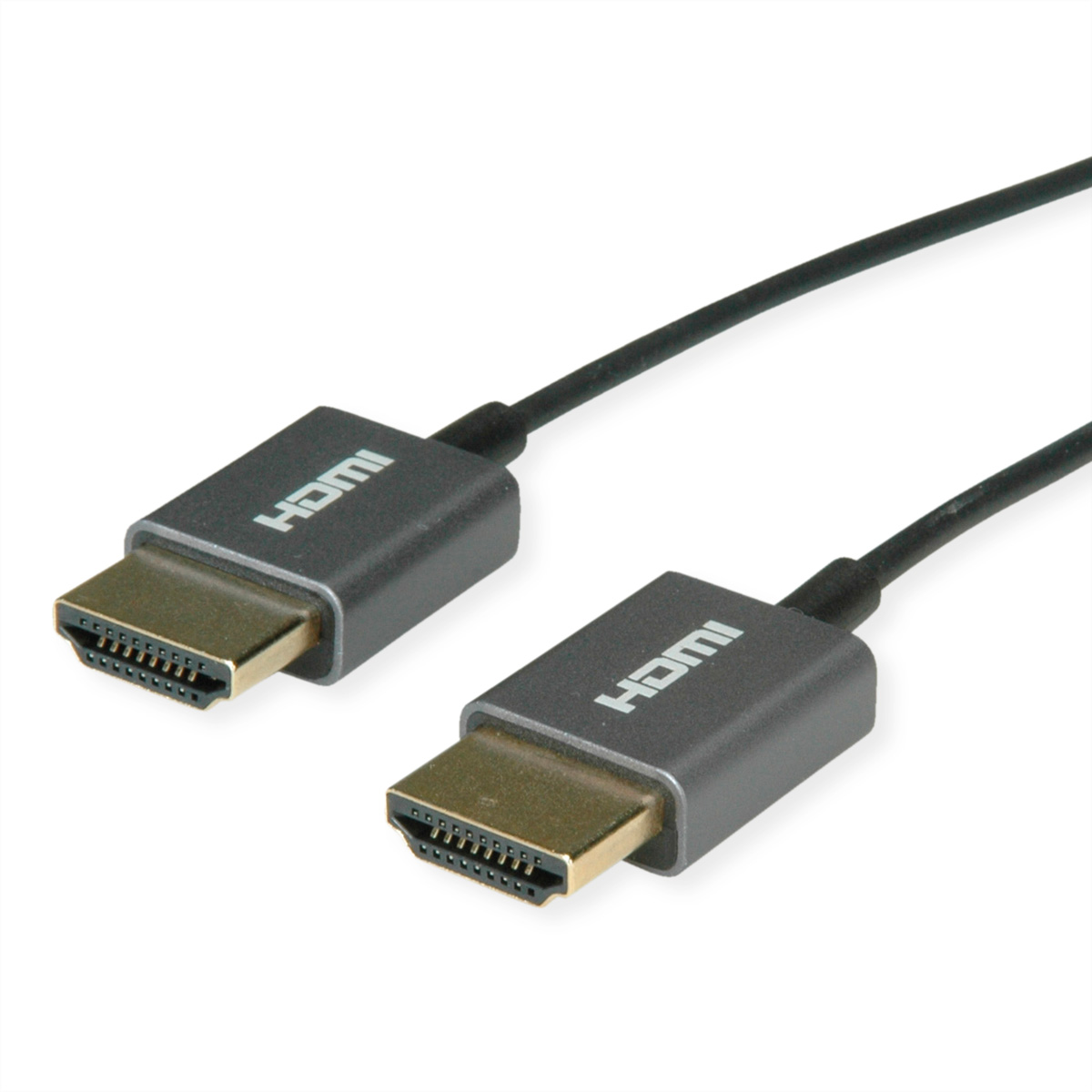 Twee HDMI-kabels op een witte achtergrond. Grijze connectoren met HDMI-labels en goudkleurige connector pinnen, zwarte kabel.
