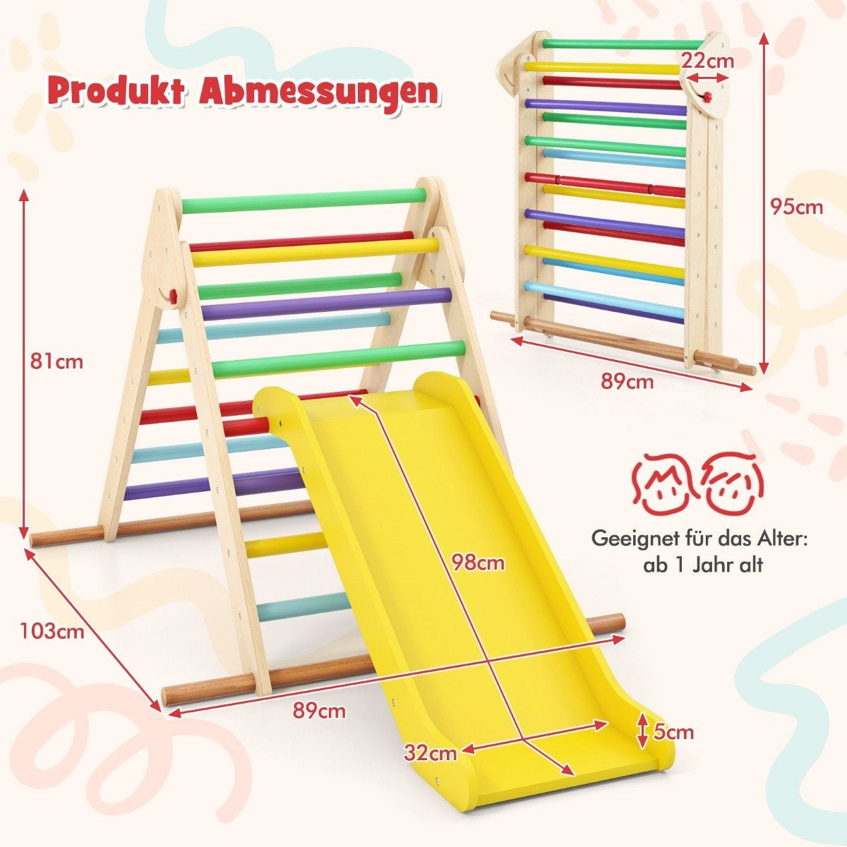 Estructura de escalada de madera con tobogán. Tiene barras de colores. Se incluyen dimensiones. Adecuado para niños de 1 año en adelante.