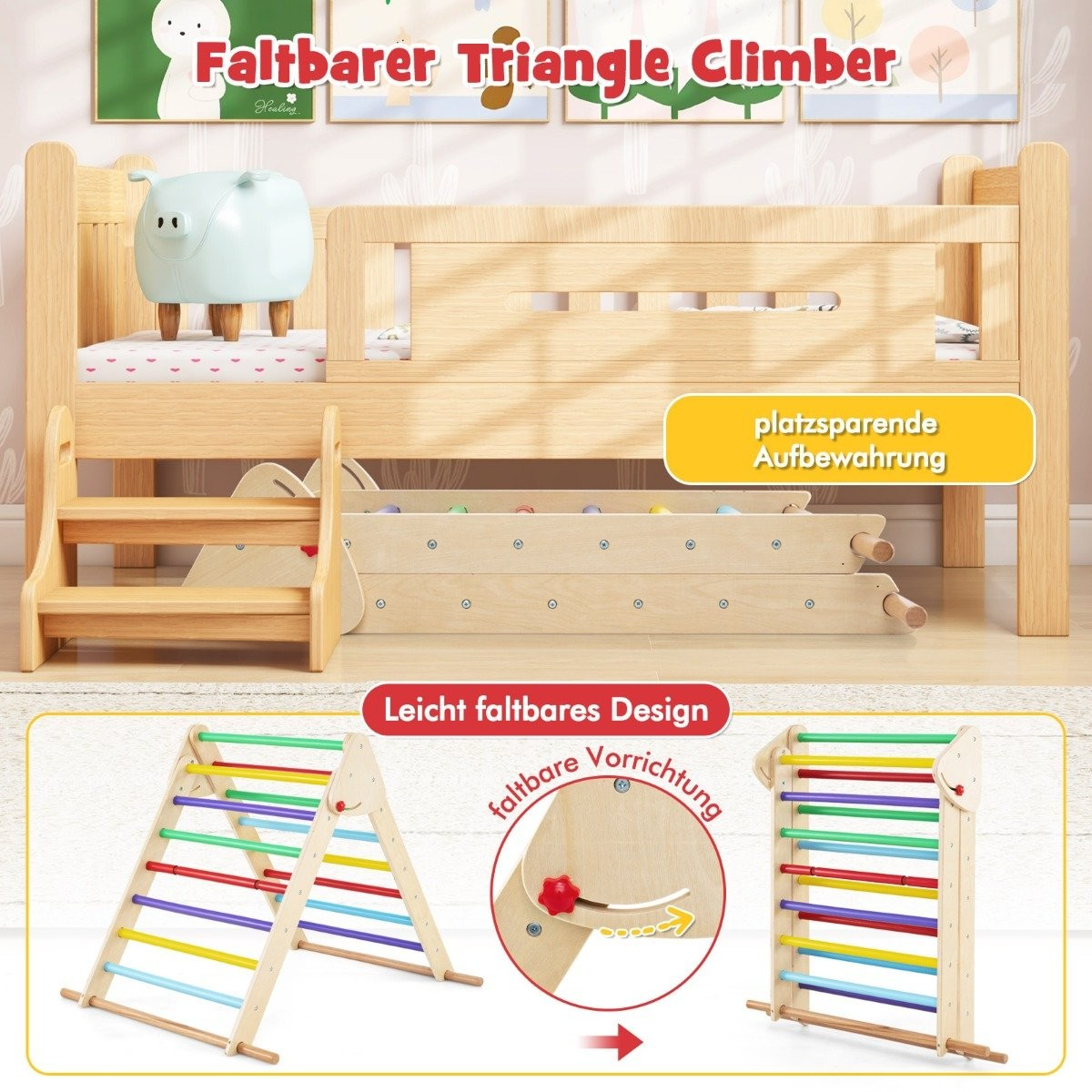 Juego de estructura de escalada de madera. Incluye un escalador triangular, escalones y una estructura de cama con un cerdito.
