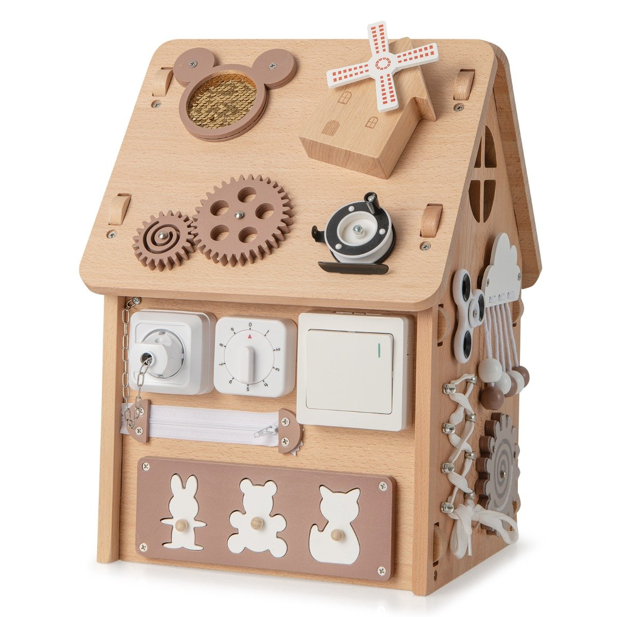 Juguete de casa de madera con engranajes, interruptor, reloj y formas de animales. Cuenta con un molino de viento, un spinner y cuentas. Color madera clara.