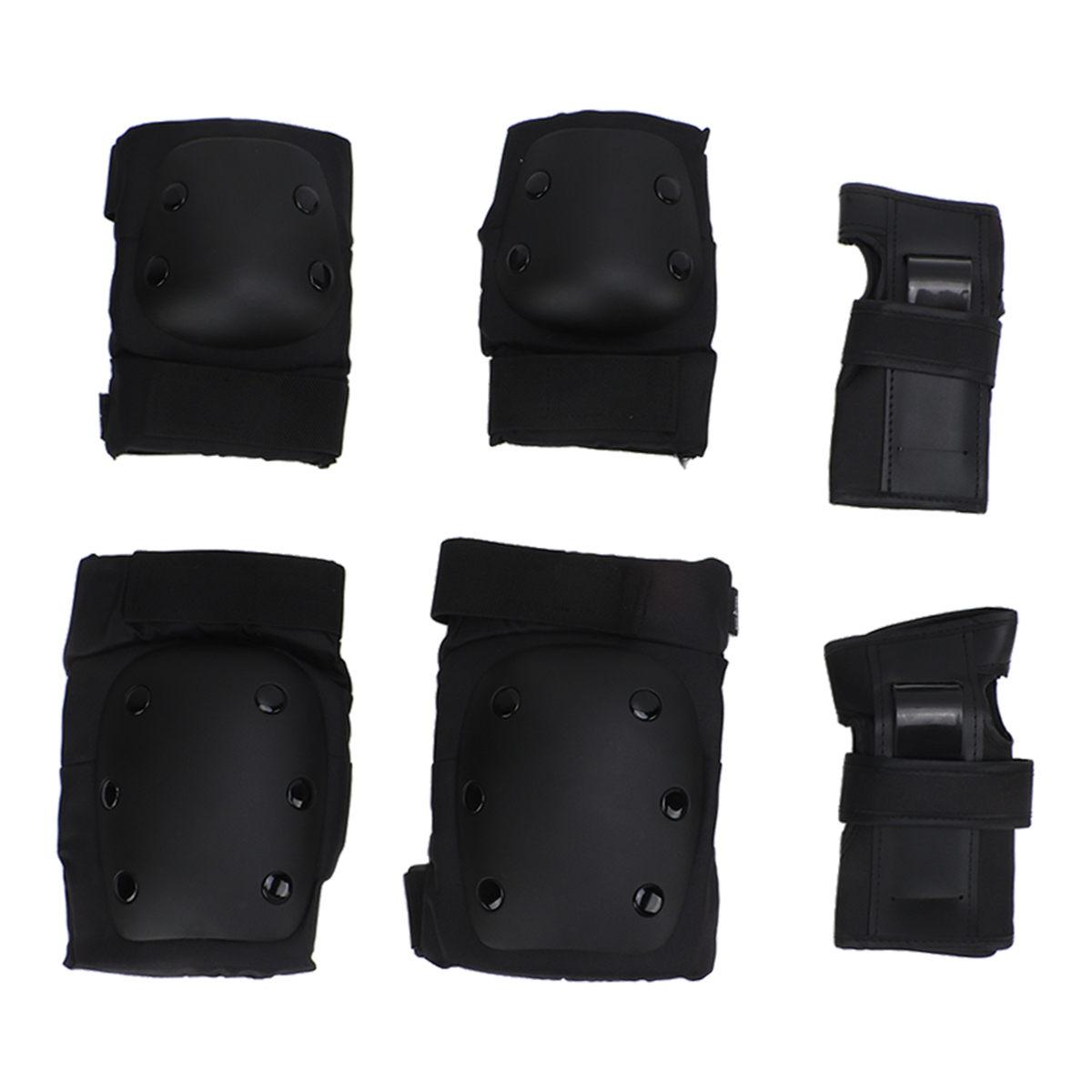 Schwarzes Schutzkits: Knieschützer, Ellbogenschützer und Handgelenkschützer. Sie befinden sich auf weißem Hintergrund, alles schwarz.