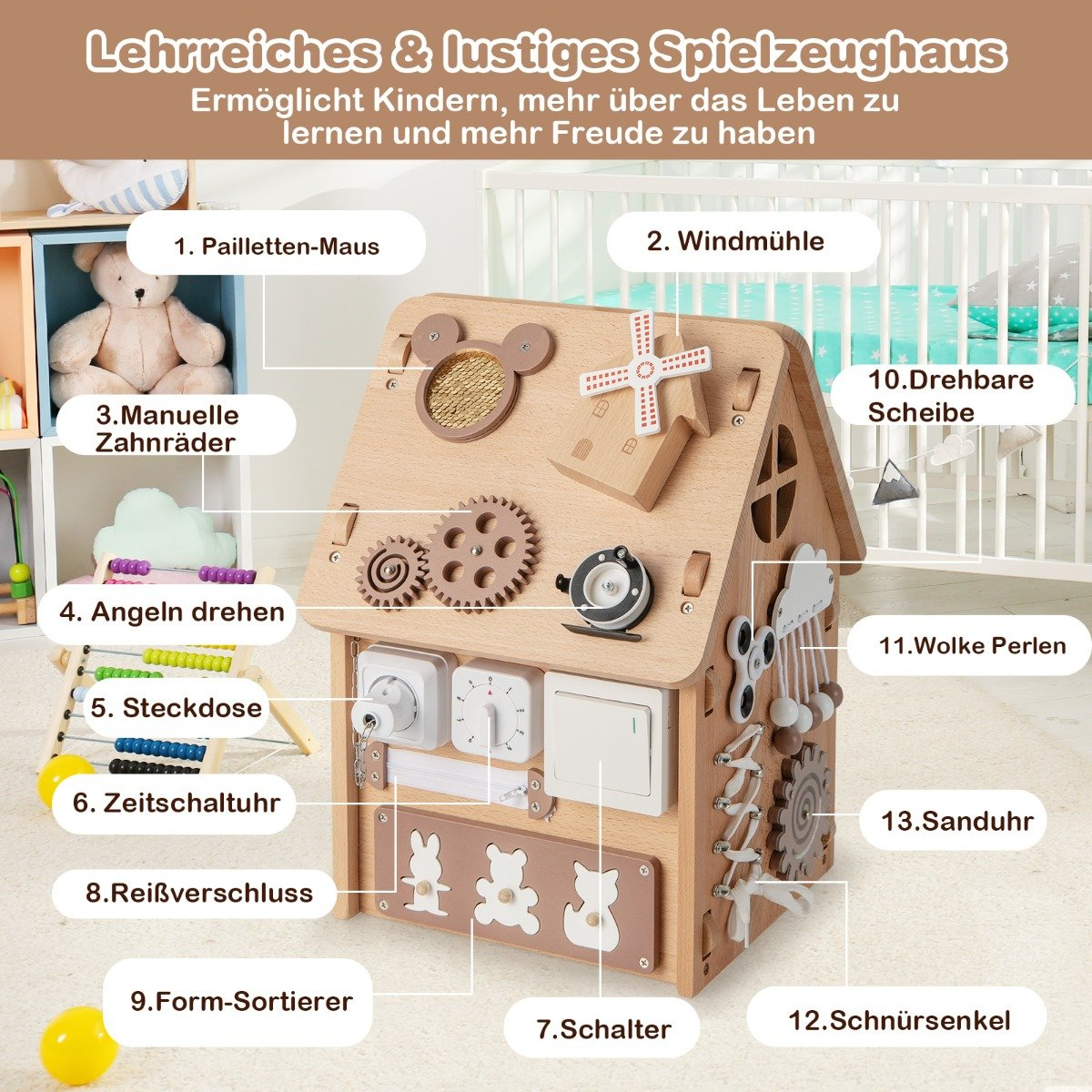 Casa de juguete educativa de madera con elementos interactivos: engranajes, interruptor, cremallera, cuentas, etc. Se ven un molino y un oso.