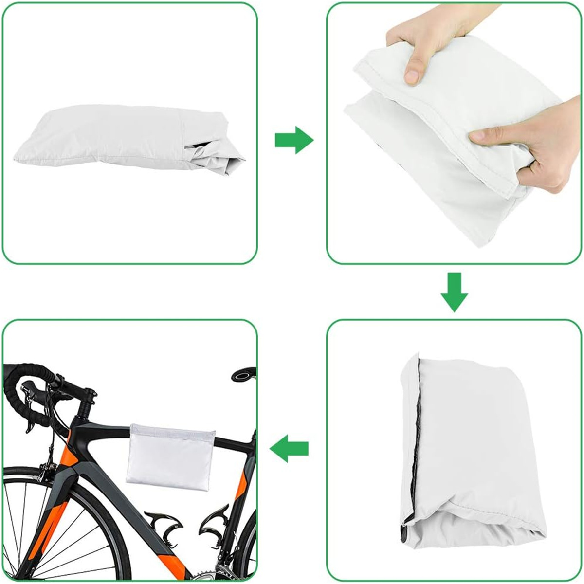 Schritte zum Packen einer weißen Tasche: entfalten, falten, mit Reißverschluss versehen und an einem Fahrrad befestigen. Das Fahrrad ist schwarz und orange.