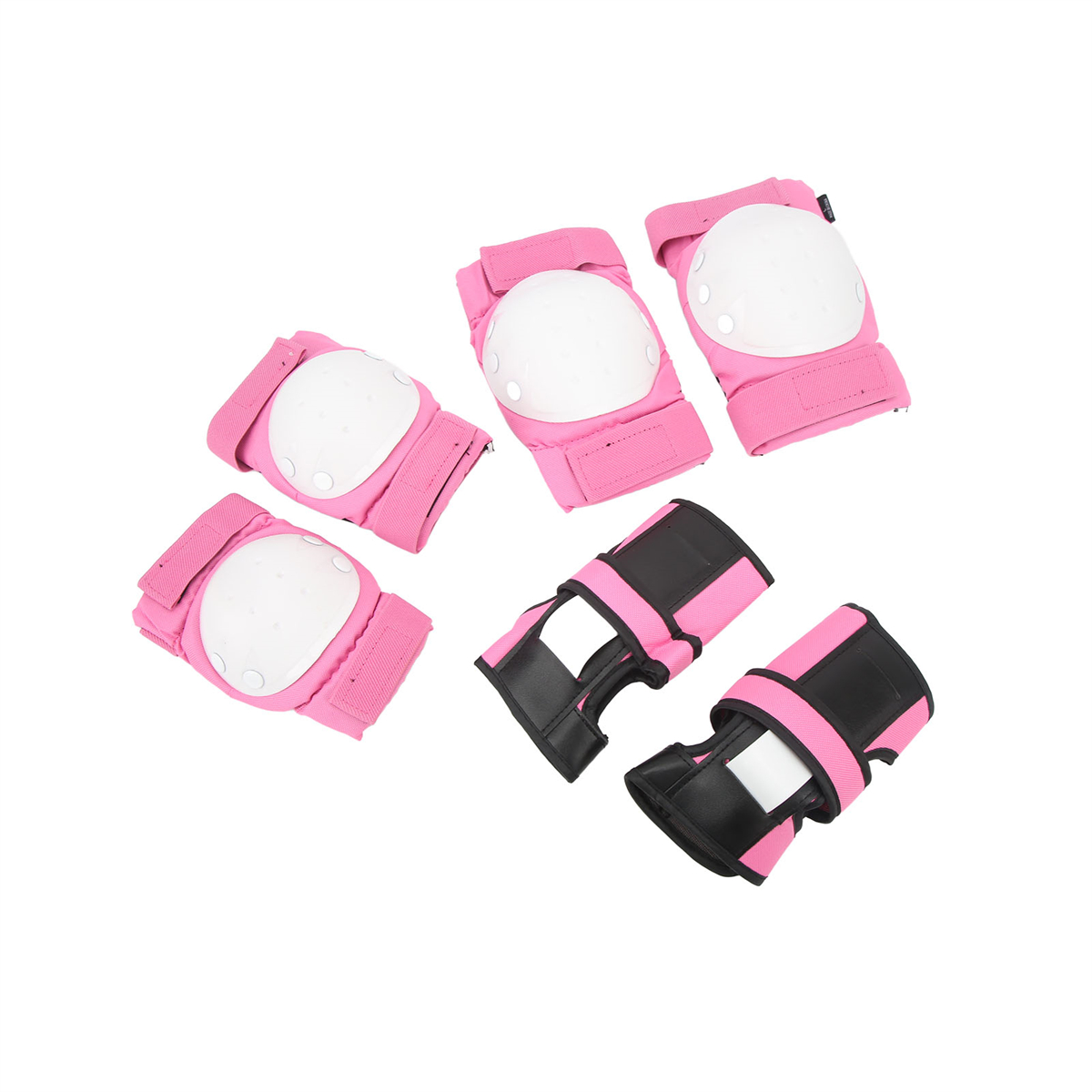 Rosa-weißes Schutzkits, einschließlich Knie- und Ellbogenschützern sowie Handgelenkschützern, auf weißem Hintergrund.