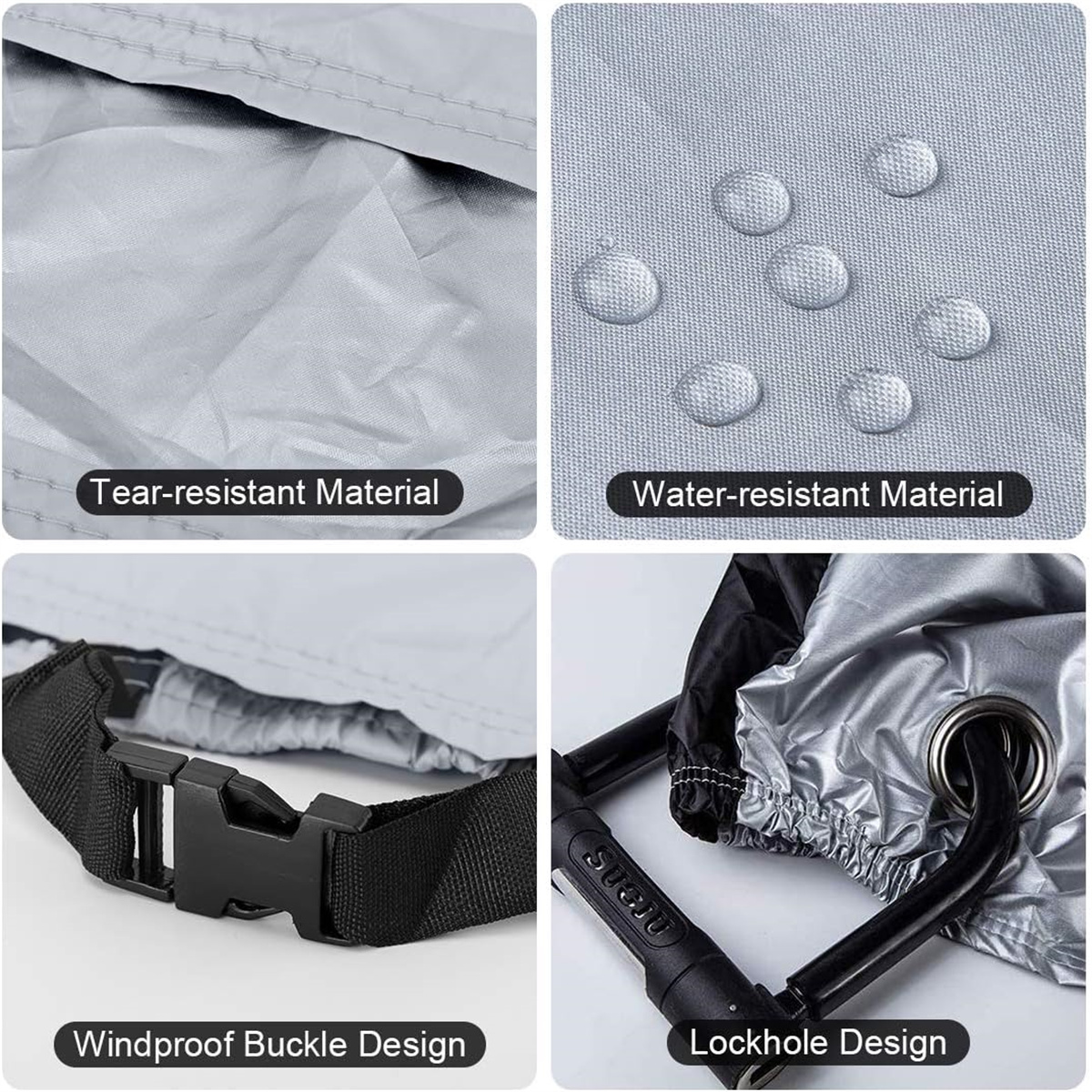 Das Bild zeigt Details einer Autoabdeckung: reißfestes Material, Wassertropfen auf Stoff, Schnallendesign und Schlüssellochdesign.