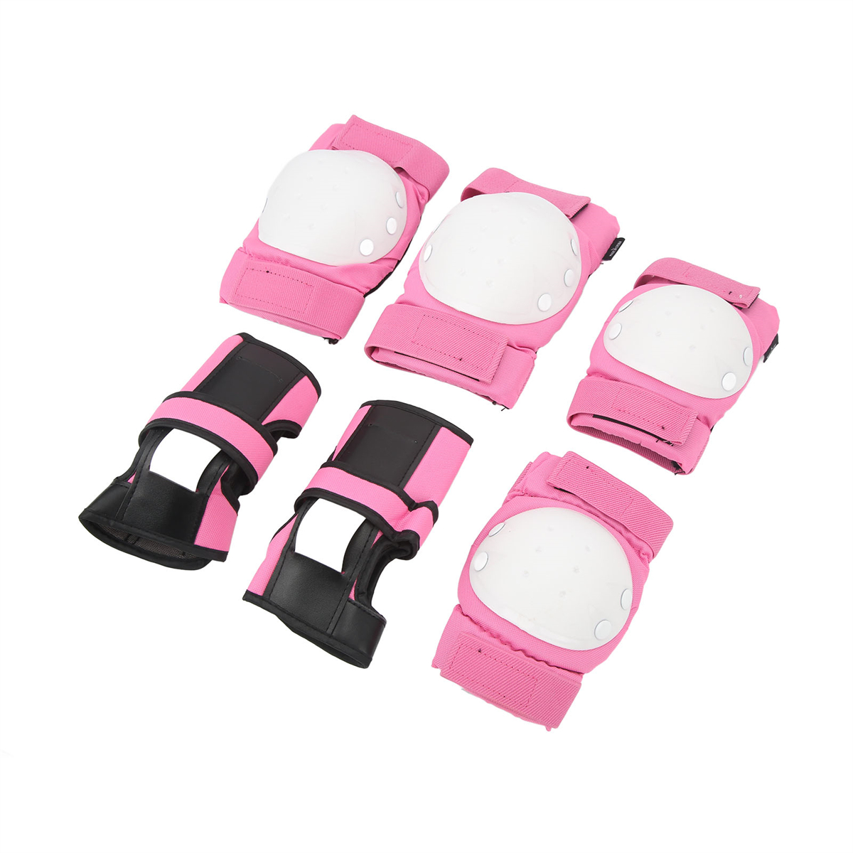 Rosa und schwarzes Schutzausrüstungsset. Enthält Knie- und Ellbogenschützer. Weiße Pads auf rosa Stoff mit schwarzen Riemen.