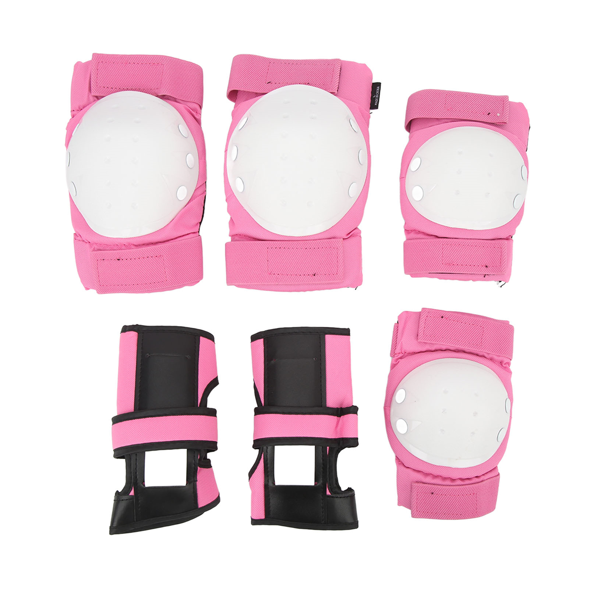 Set aus rosa und weißer Schutzkleidung für das Skaten. Enthält Knieschützer und Handgelenkschützer, angeordnet auf weißem Hintergrund.