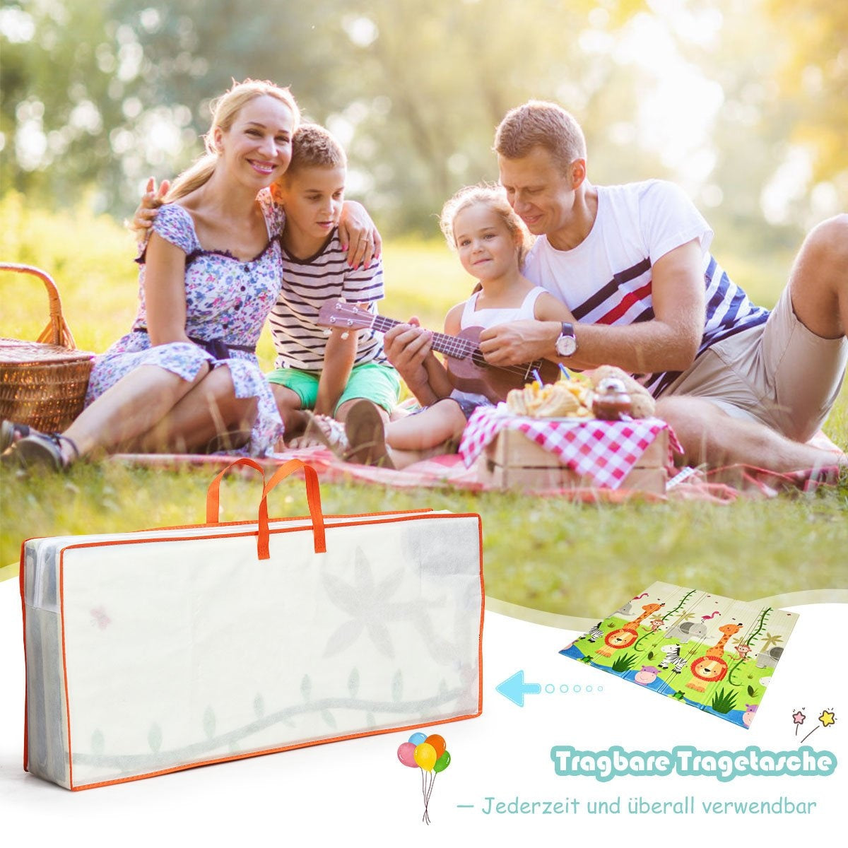 Picnic familiar. Padres e hijos en una manta con comida y un ukelele. Una bolsa de transporte y una colchoneta están en primer plano.