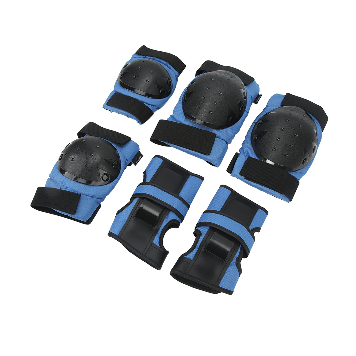 Ein Satz Schutzkleidung, einschließlich Knie- und Handgelenkpolstern. Die Pads haben blauen Stoff und schwarze Schutzschalen. Auf weißem Hintergrund angeordnet.