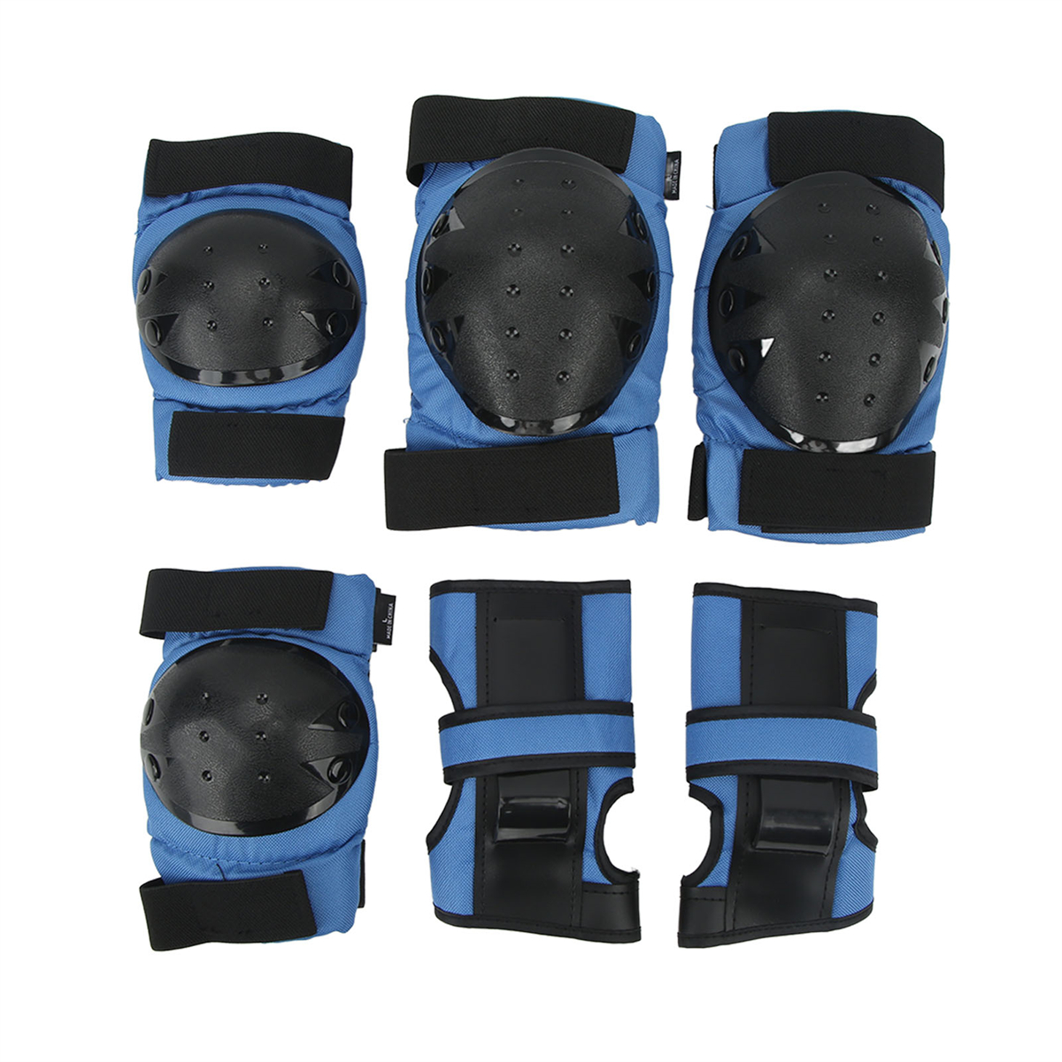Satz aus blau-schwarzer Schutzkleidung. Enthält Knieschützer und Handgelenkschützer, alle mit schwarzen Riemen und Polstern.