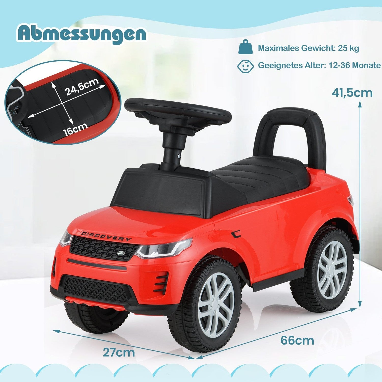 Coche de juguete rojo con asiento y volante negros. Muestra dimensiones e información de capacidad de peso.
