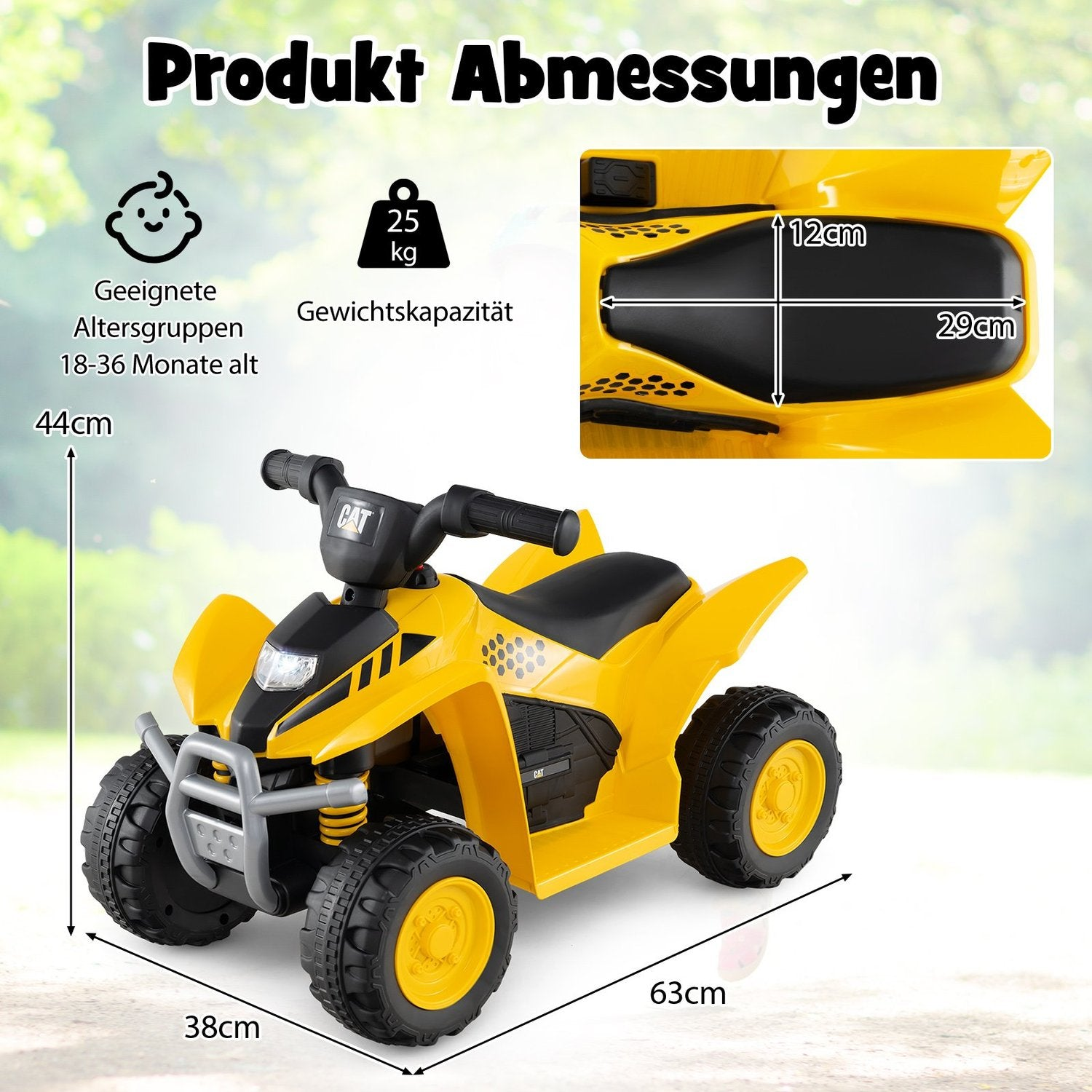 Un ATV de juguete amarillo con neumáticos y asiento negros. Las dimensiones se muestran con texto y flechas. Es adecuado para niños de 18-36 meses.