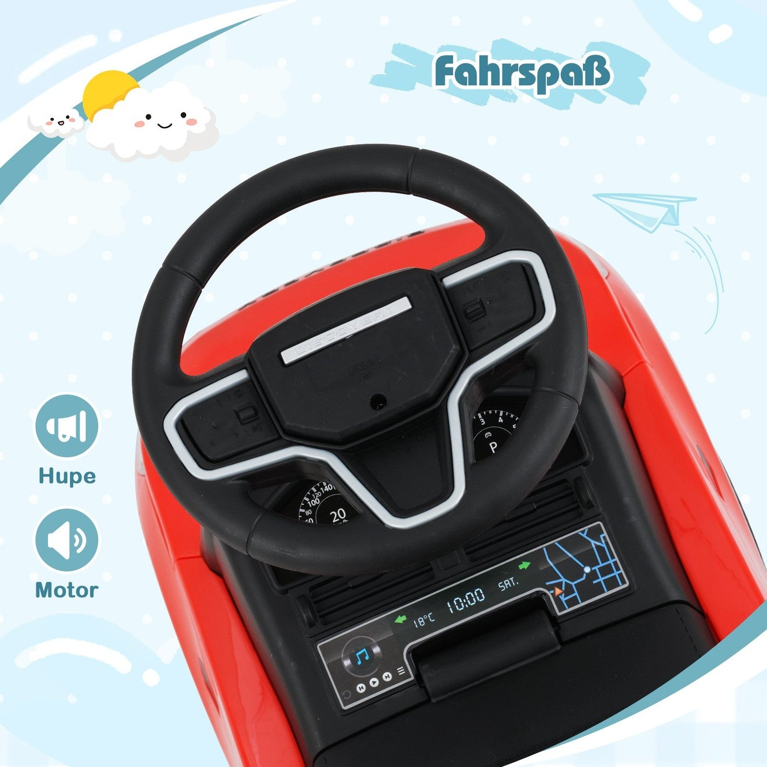 Un coche de juguete rojo con volante negro, pantalla digital y un sol y nubes de dibujos animados en el fondo.
