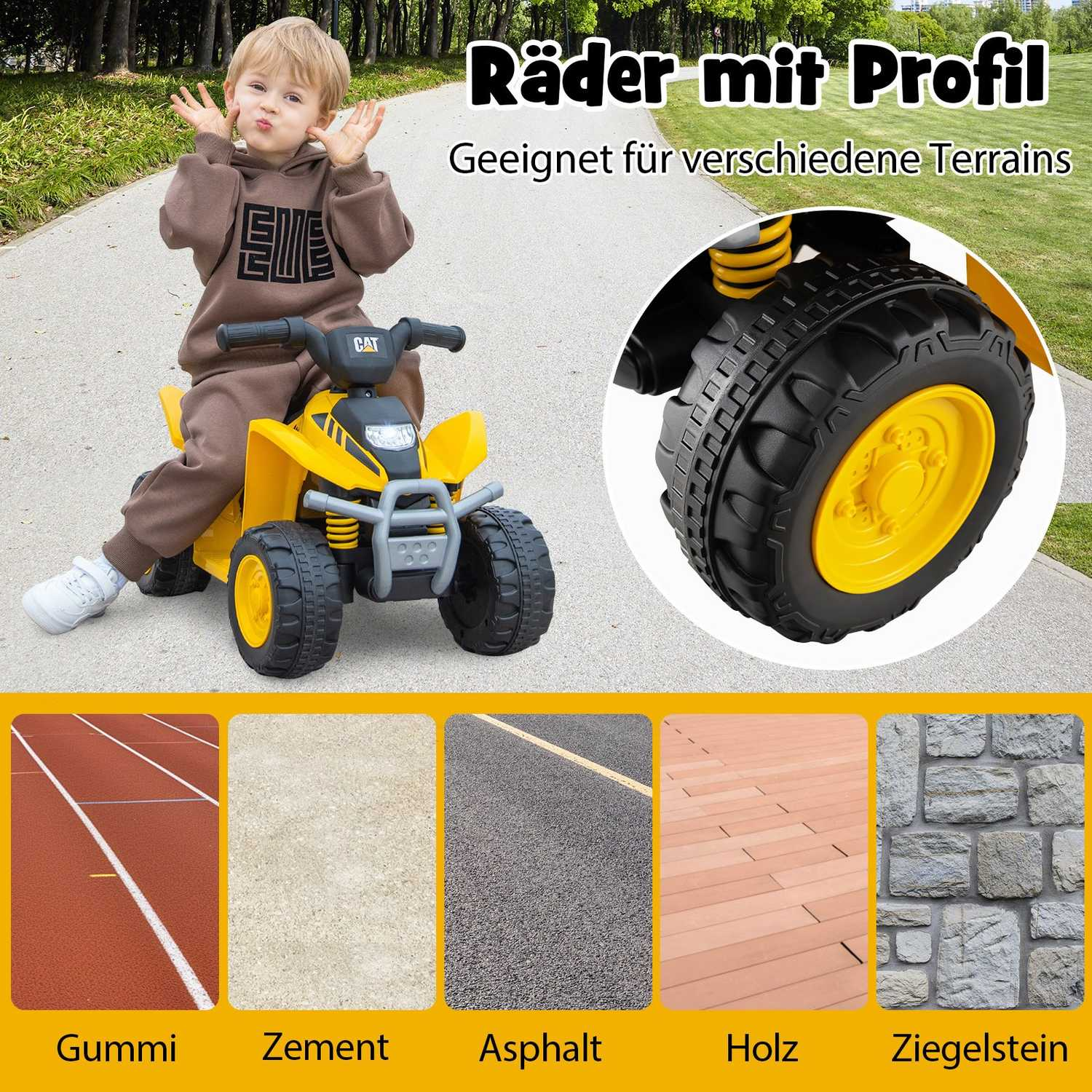 Un niño está sentado en un ATV de juguete amarillo. La imagen incluye primeros planos del neumático y diferentes superficies como asfalto y madera.