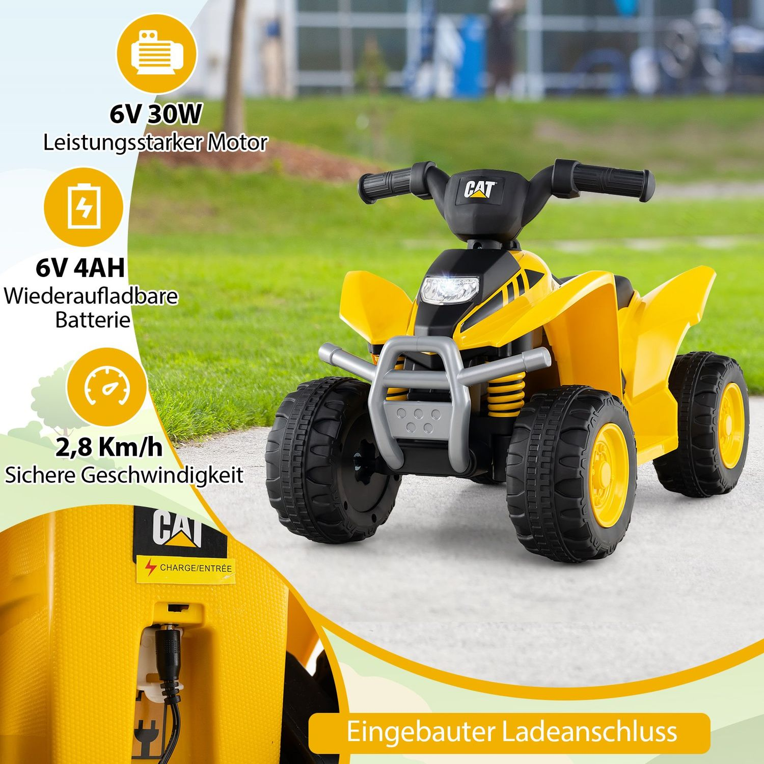 Un juguete ATV CAT amarillo con neumáticos y manillar negros. Textos describen las características del ATV y un puerto de carga.