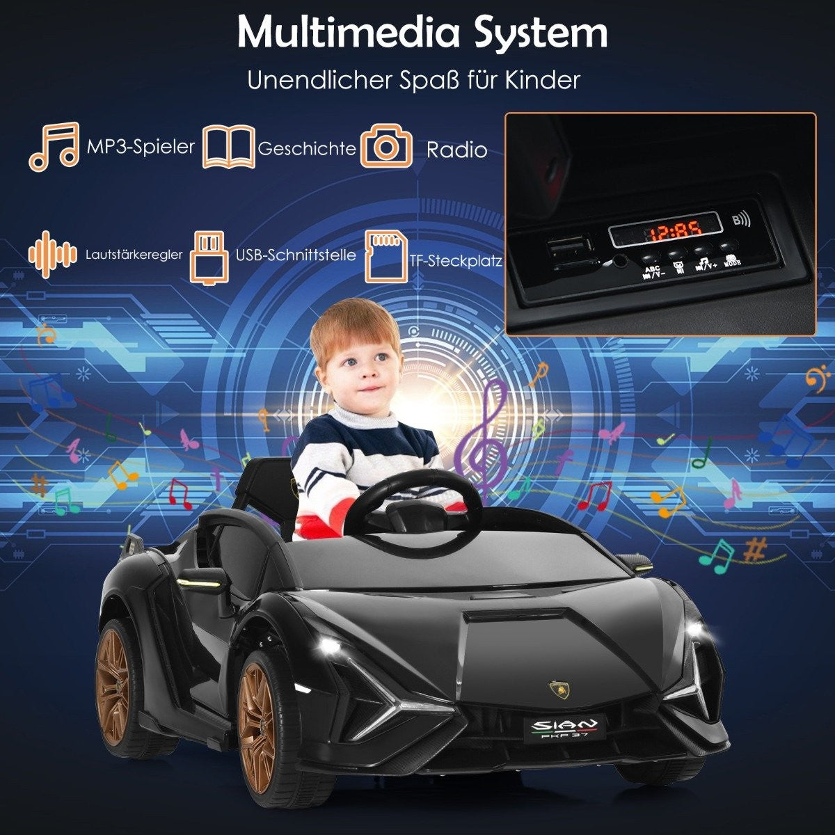 Un niño en un coche de juguete negro. El coche tiene ruedas y luces doradas. El fondo tiene notas musicales y diseños tecnológicos.