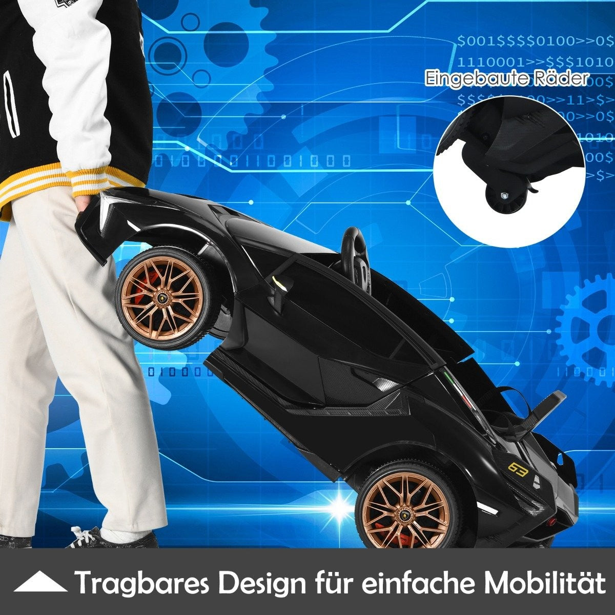 Una persona sostiene un coche de juguete negro con ruedas doradas. El coche está sobre ruedas y el fondo es azul con texto.