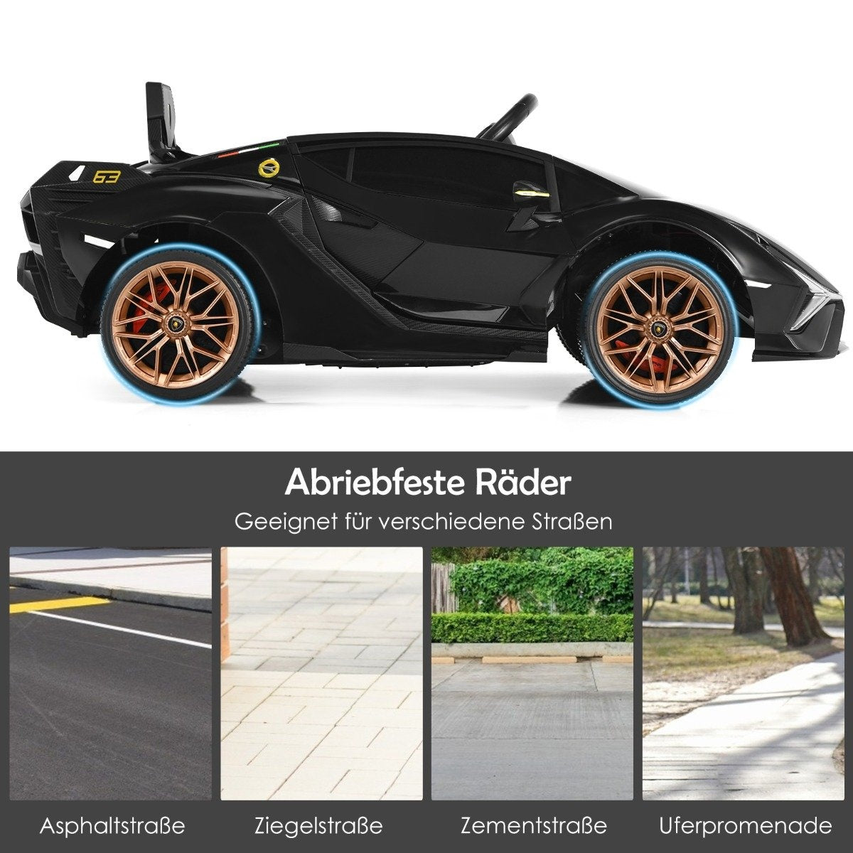 Se muestra un coche de juguete negro con ruedas doradas. Debajo hay cuatro imágenes de diferentes superficies de carretera: asfalto, ladrillo, hormigón y un paseo marítimo.