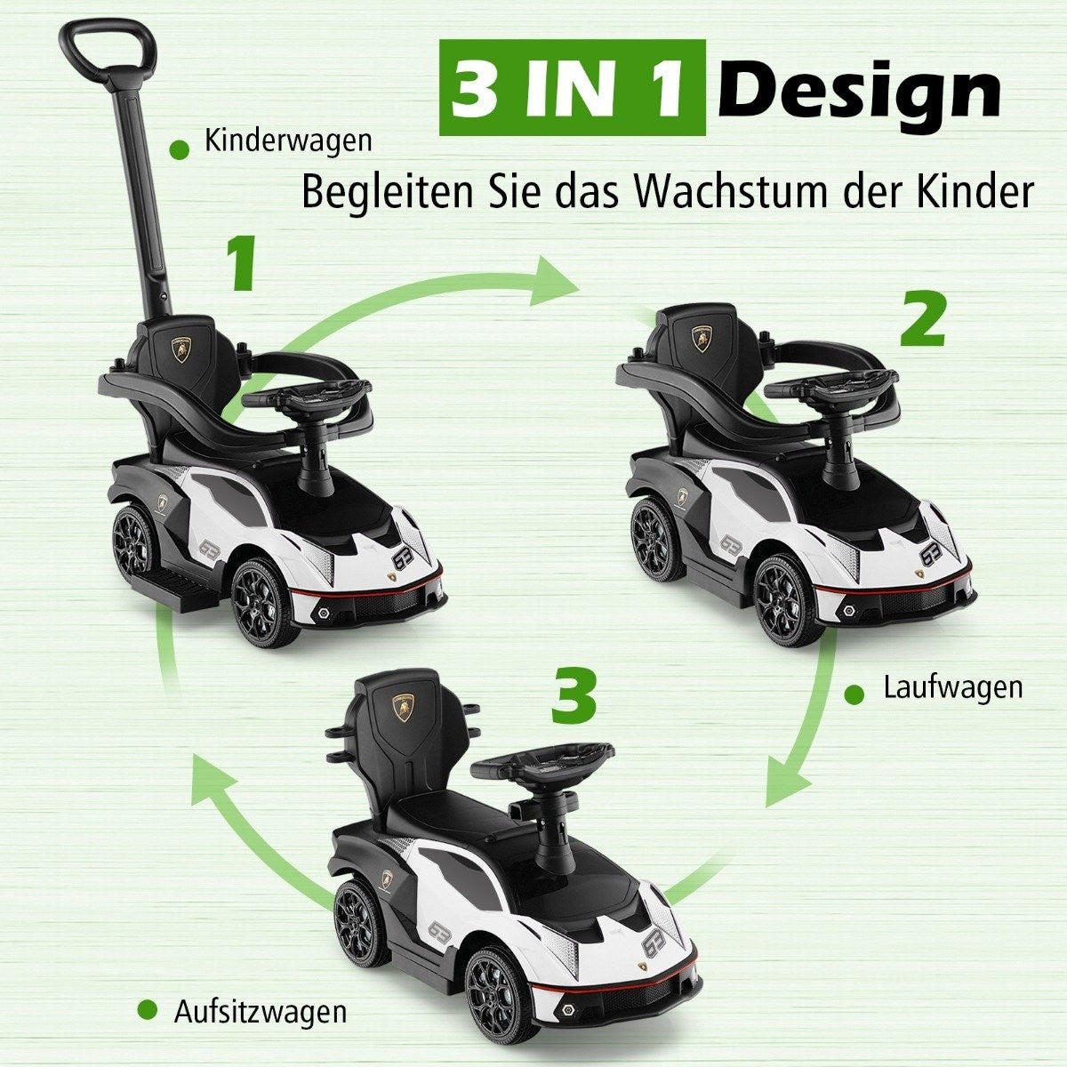 Diagrama que muestra un diseño de coche de juguete 3 en 1, convertible de cochecito a andador. Cuenta con un coche blanco y negro con el número 63.