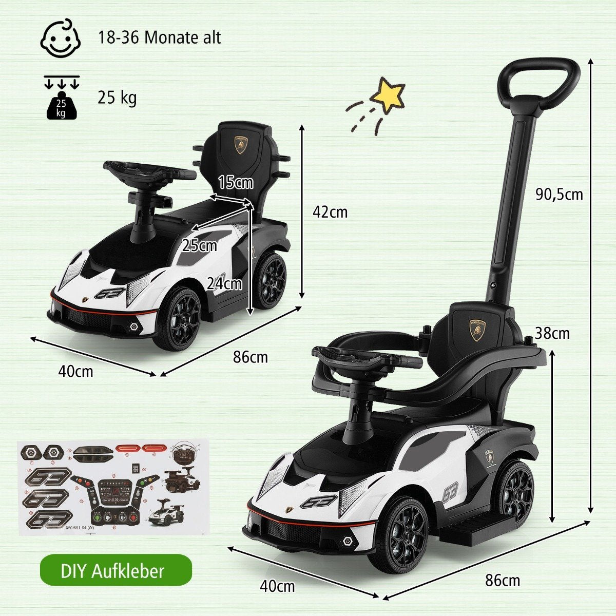 Un coche de juguete blanco y negro con asa, se muestran las dimensiones. Se incluyen pegatinas de bricolaje.