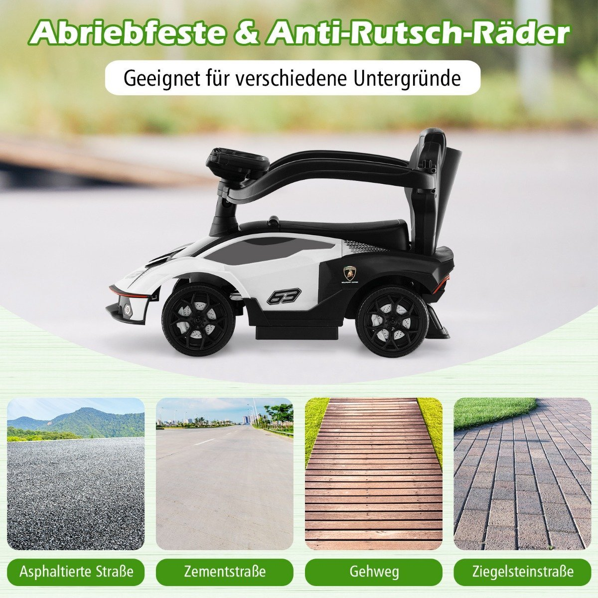 Un coche de juguete, blanco y negro, adecuado para múltiples superficies, con imágenes de diferentes tipos de carreteras debajo.