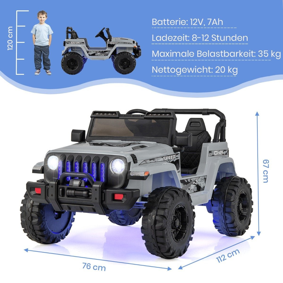 Un jeep de juguete gris con ruedas negras, luces y un niño al lado. Las especificaciones están enumeradas en alemán.