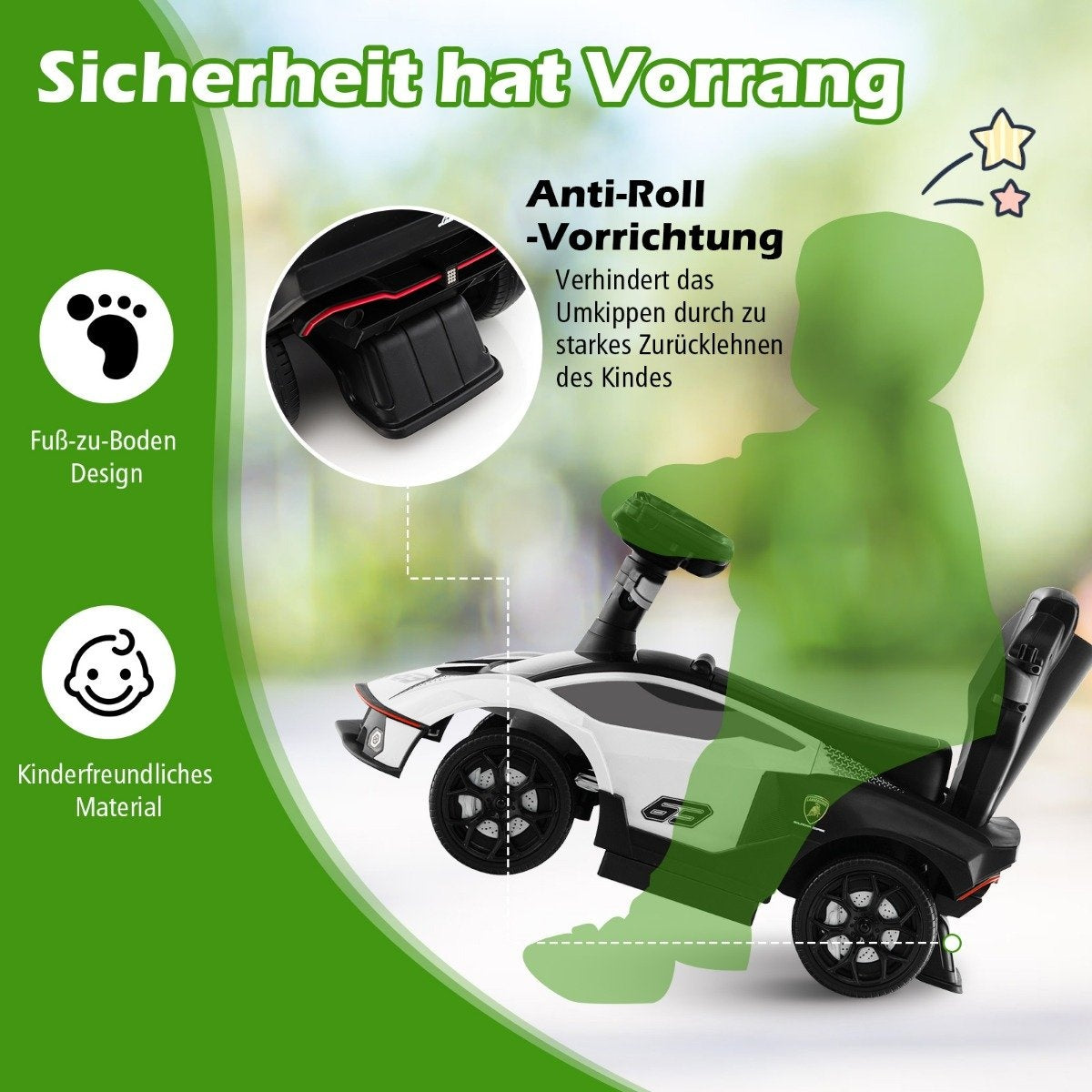Se muestra un coche de juguete blanco y negro, con texto que enfatiza la seguridad y el diseño para niños. Una silueta verde sugiere a un niño usándolo.
