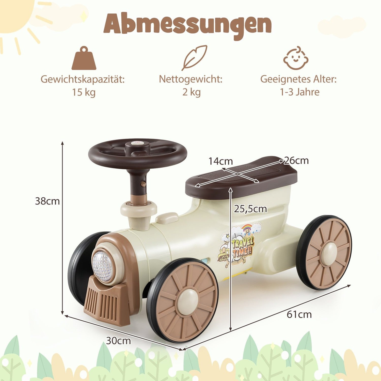 Un juguete para montar con forma de tren beige y marrón con dimensiones. Incluye capacidad de peso, peso neto y rango de edad.