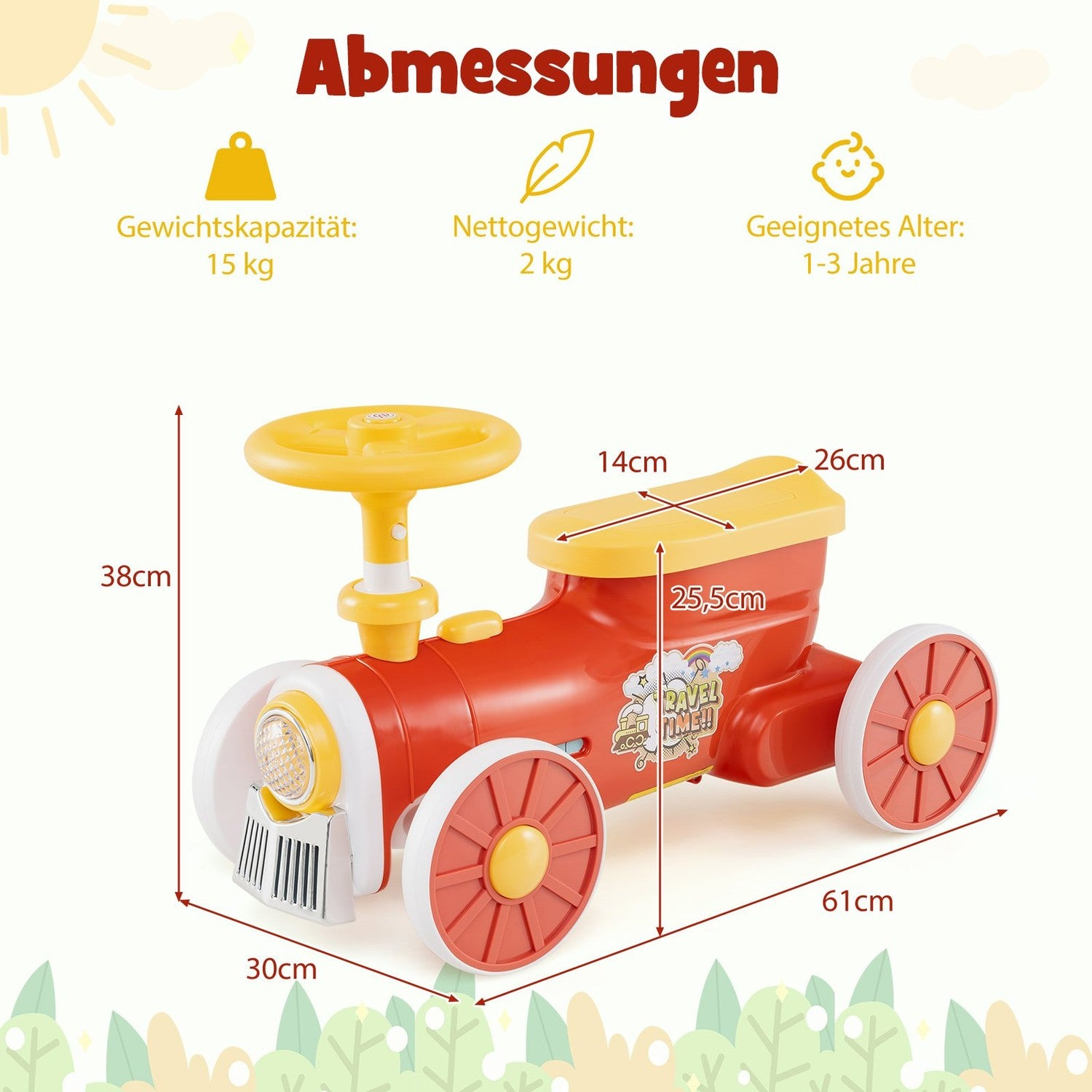 Un tren de juguete rojo y amarillo con dimensiones etiquetadas. Tiene volante, ruedas y una etiqueta que dice 'Travel Time'.