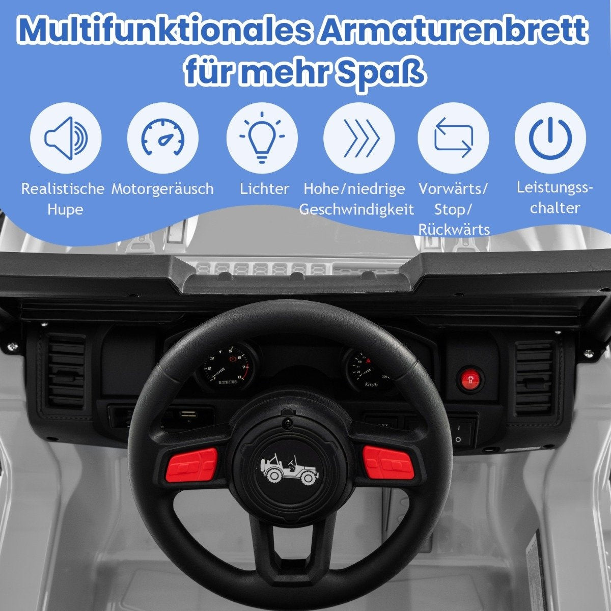 Primer plano del salpicadero de un coche de juguete. Cuenta con un volante con botones rojos, indicadores e iconos de control.