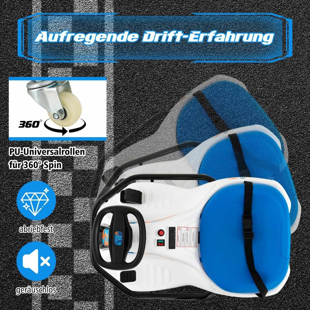 Un coche drift blanco y azul con giros de 360 grados se muestra sobre un fondo texturizado. El texto resalta las características.