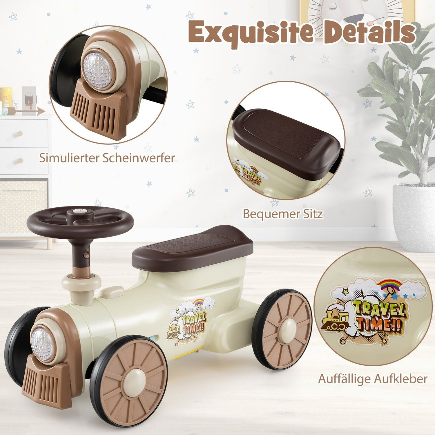 Un tren de juguete crema y marrón con volante y asiento. Tiene faros y pegatinas que dicen 'Travel Time!!'.