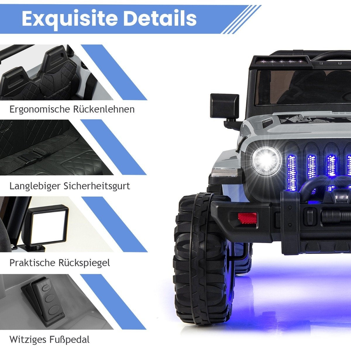Un Jeep de juguete gris con luces azules. Detalles incluyen respaldos ergonómicos, cinturón de seguridad, espejo retrovisor y pedal.